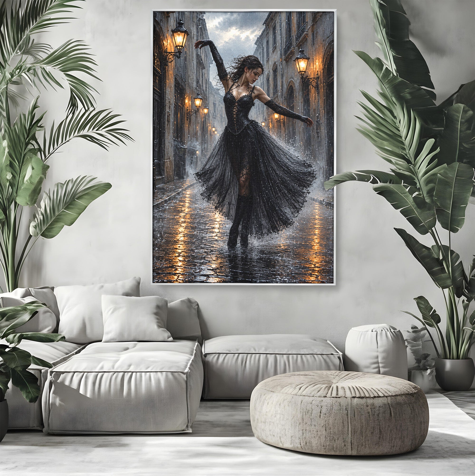 Tablou Canvas Premium LuxCanva® U1049, Balet Nocturn Pe Strazile Ude, Dansatoare, Ploaie, Romantic, Dramatic, Strada, Noapte, Living, Culori Vibrante