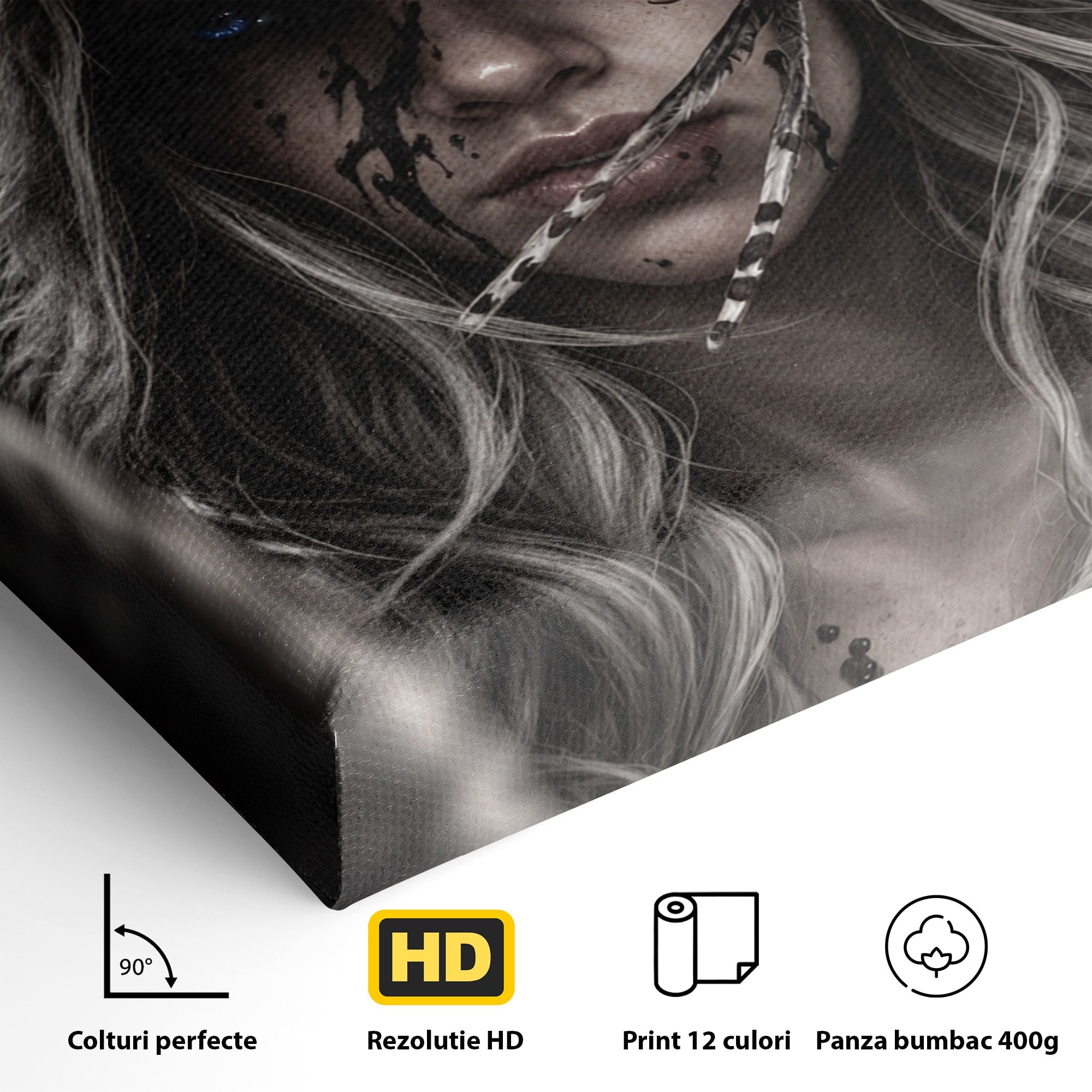 Tablou Canvas Premium LuxCanva® U1051, Femeie Lup Sub Luna, Noapte, Mister, Femeie, Lup, Living, Culori Vibrante