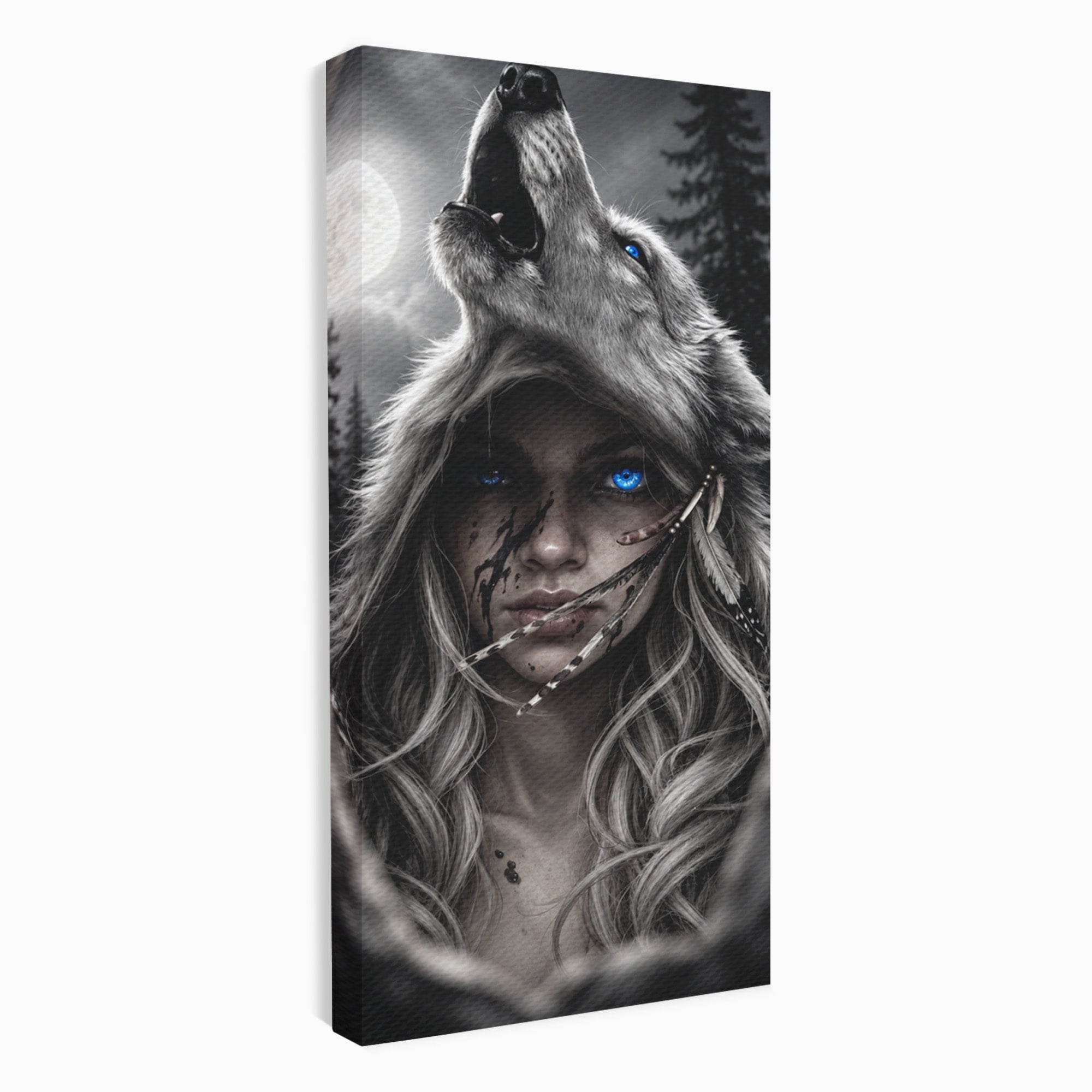 Tablou Canvas Premium LuxCanva® U1051, Femeie Lup Sub Luna, Noapte, Mister, Femeie, Lup, Living, Culori Vibrante