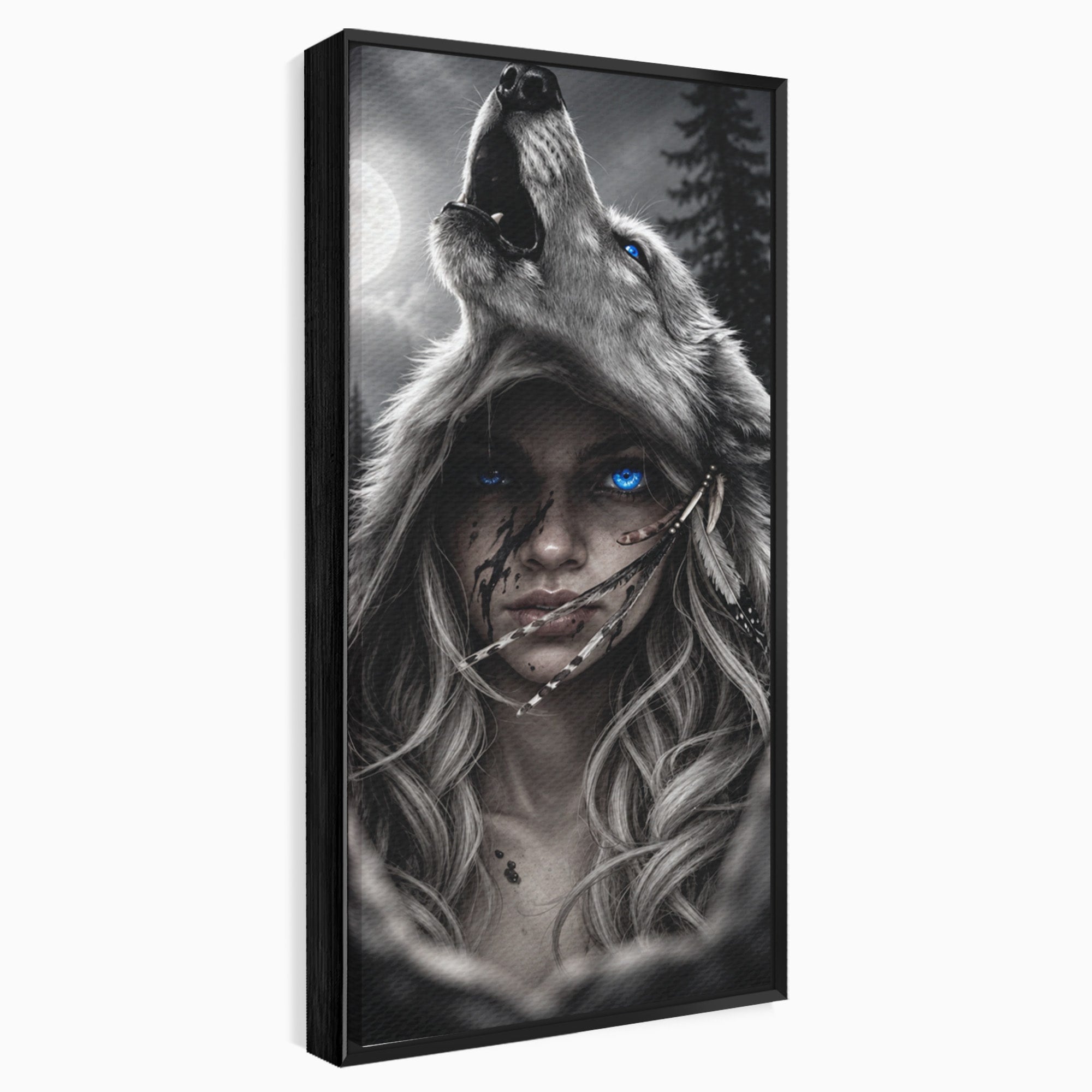 Tablou Canvas Premium LuxCanva® U1051, Femeie Lup Sub Luna, Noapte, Mister, Femeie, Lup, Living, Culori Vibrante