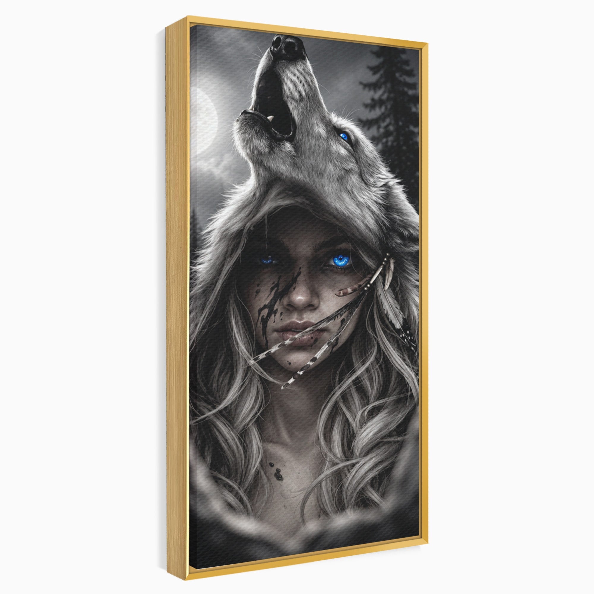 Tablou Canvas Premium LuxCanva® U1051, Femeie Lup Sub Luna, Noapte, Mister, Femeie, Lup, Living, Culori Vibrante