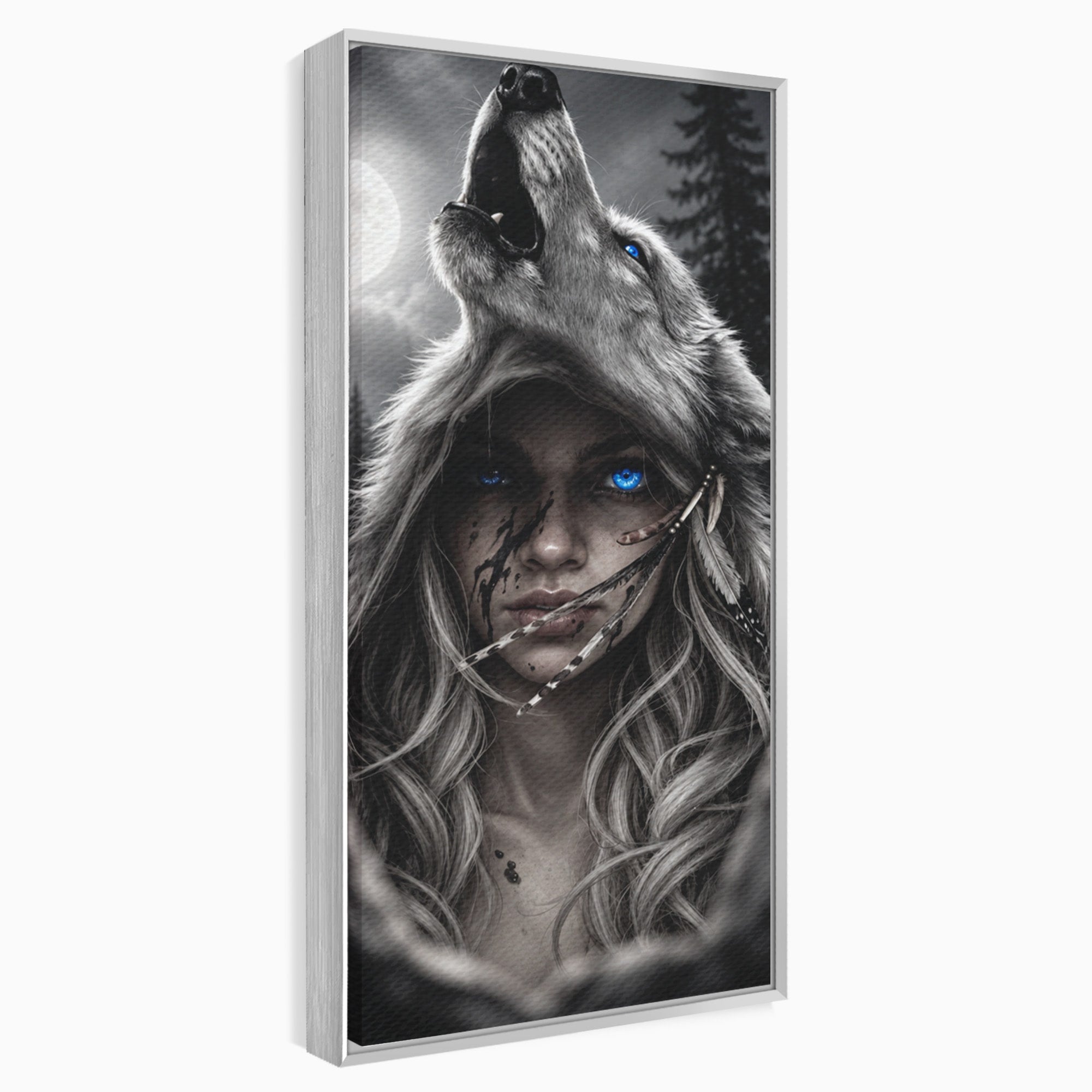 Tablou Canvas Premium LuxCanva® U1051, Femeie Lup Sub Luna, Noapte, Mister, Femeie, Lup, Living, Culori Vibrante