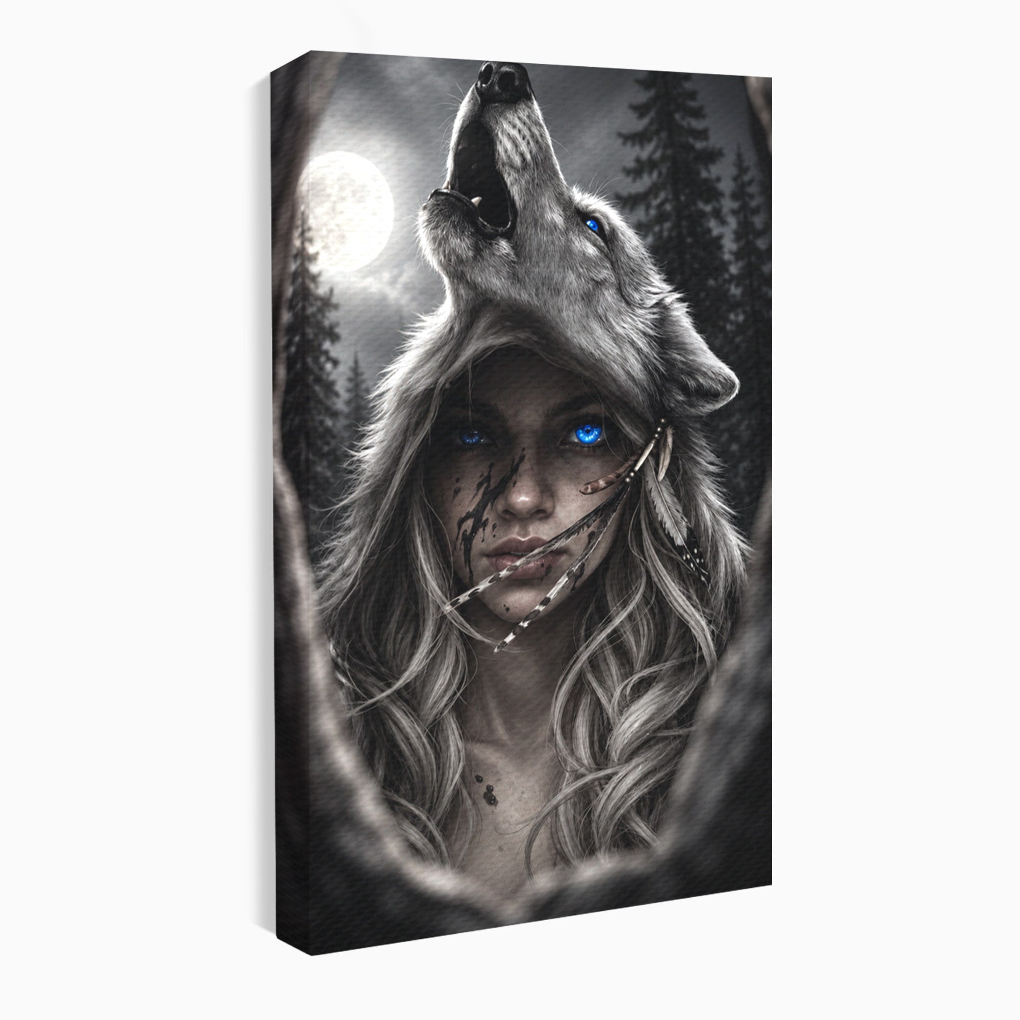 Tablou Canvas Premium LuxCanva® U1051, Femeie Lup Sub Luna, Noapte, Mister, Femeie, Lup, Living, Culori Vibrante