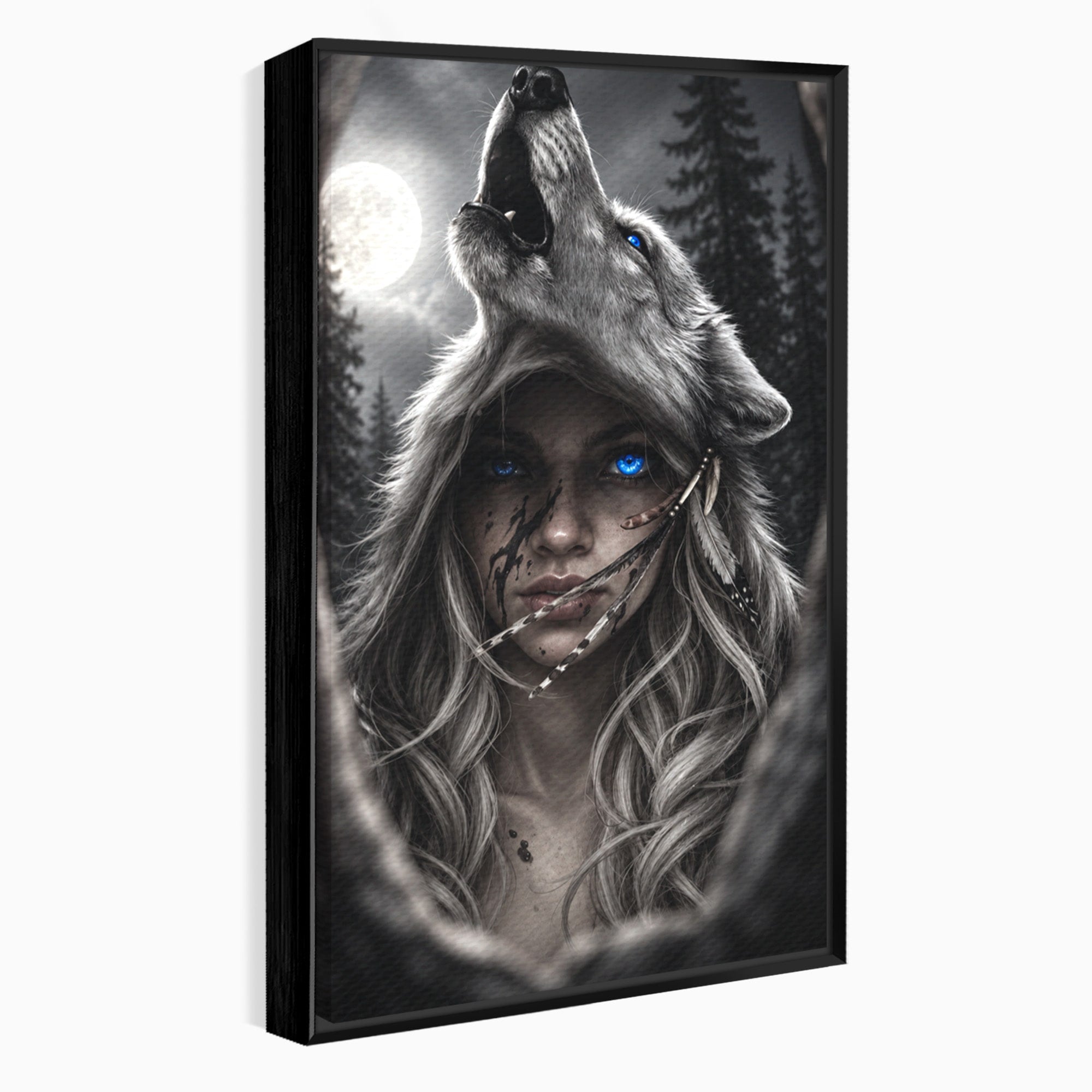 Tablou Canvas Premium LuxCanva® U1051, Femeie Lup Sub Luna, Noapte, Mister, Femeie, Lup, Living, Culori Vibrante