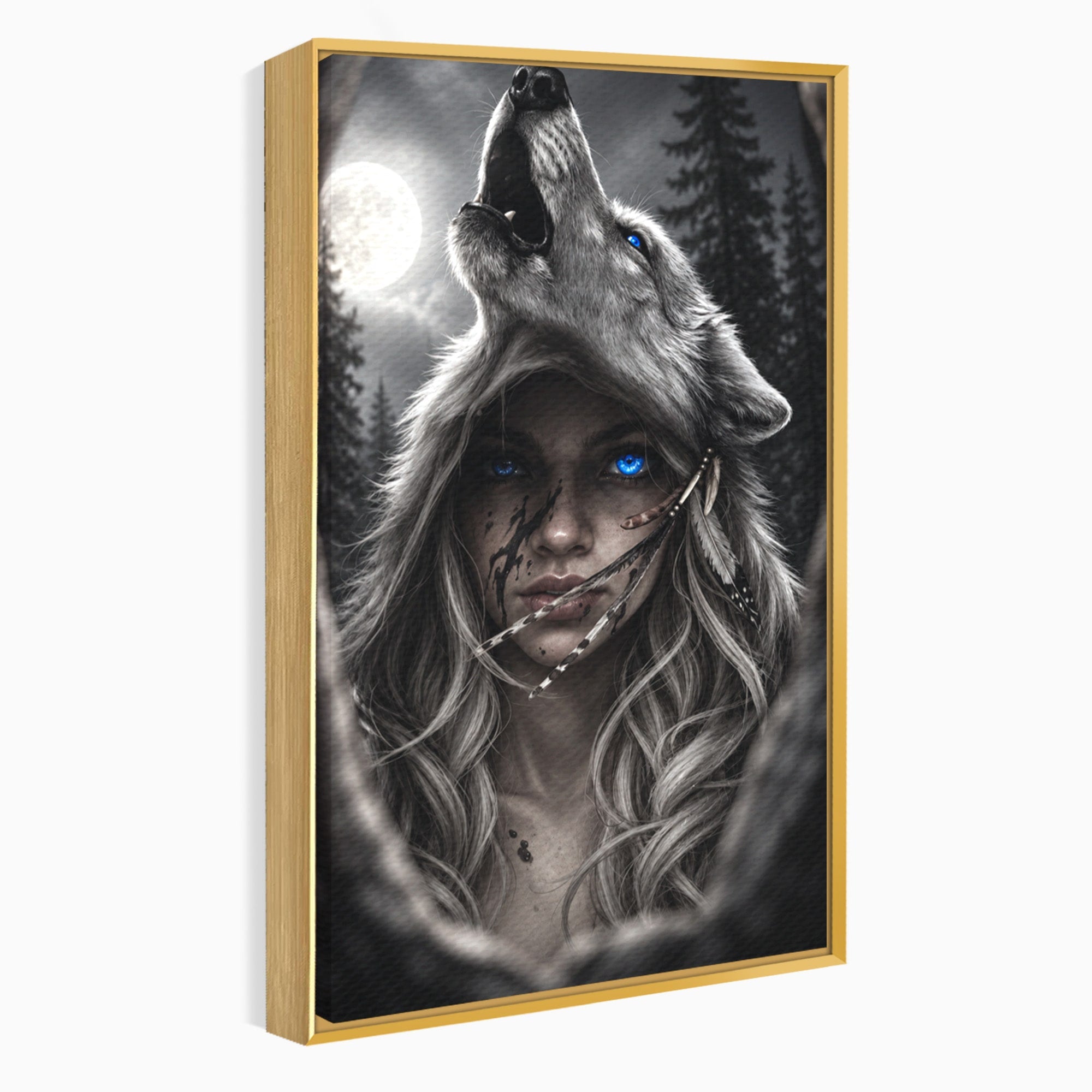 Tablou Canvas Premium LuxCanva® U1051, Femeie Lup Sub Luna, Noapte, Mister, Femeie, Lup, Living, Culori Vibrante
