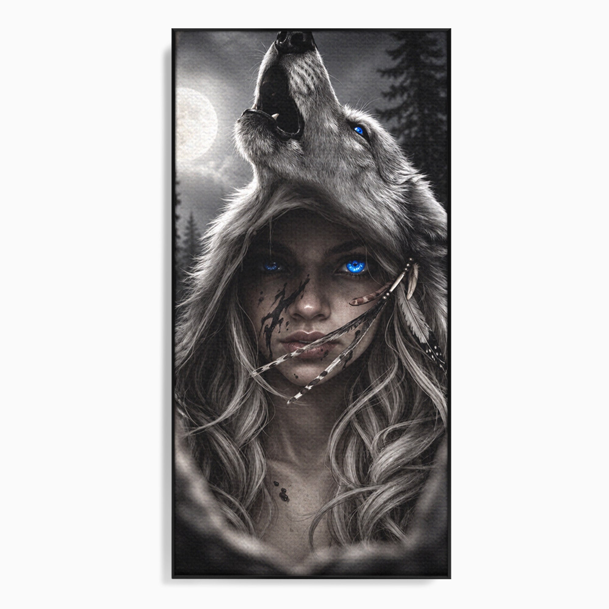 Tablou Canvas Premium LuxCanva® U1051, Femeie Lup Sub Luna, Noapte, Mister, Femeie, Lup, Living, Culori Vibrante