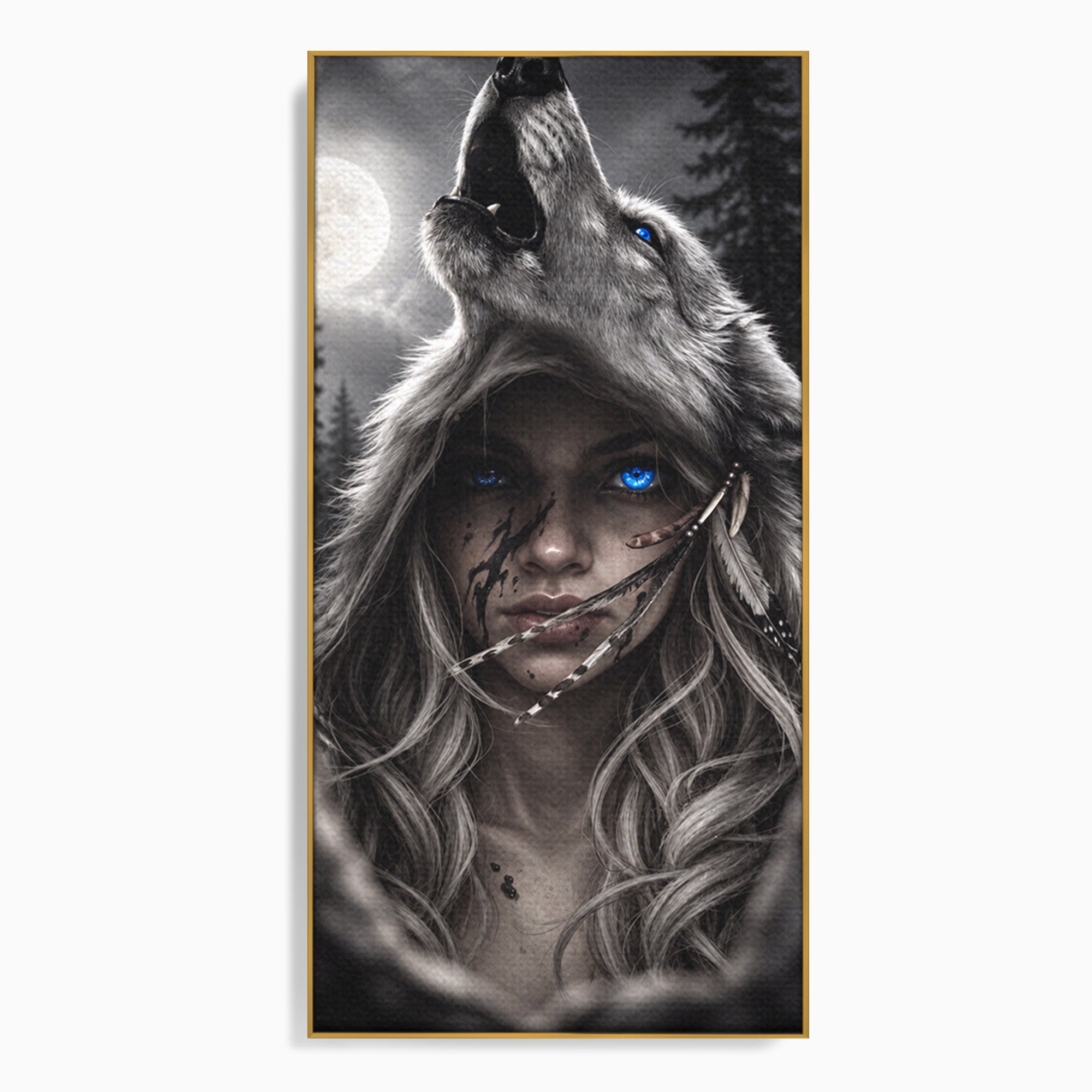 Tablou Canvas Premium LuxCanva® U1051, Femeie Lup Sub Luna, Noapte, Mister, Femeie, Lup, Living, Culori Vibrante