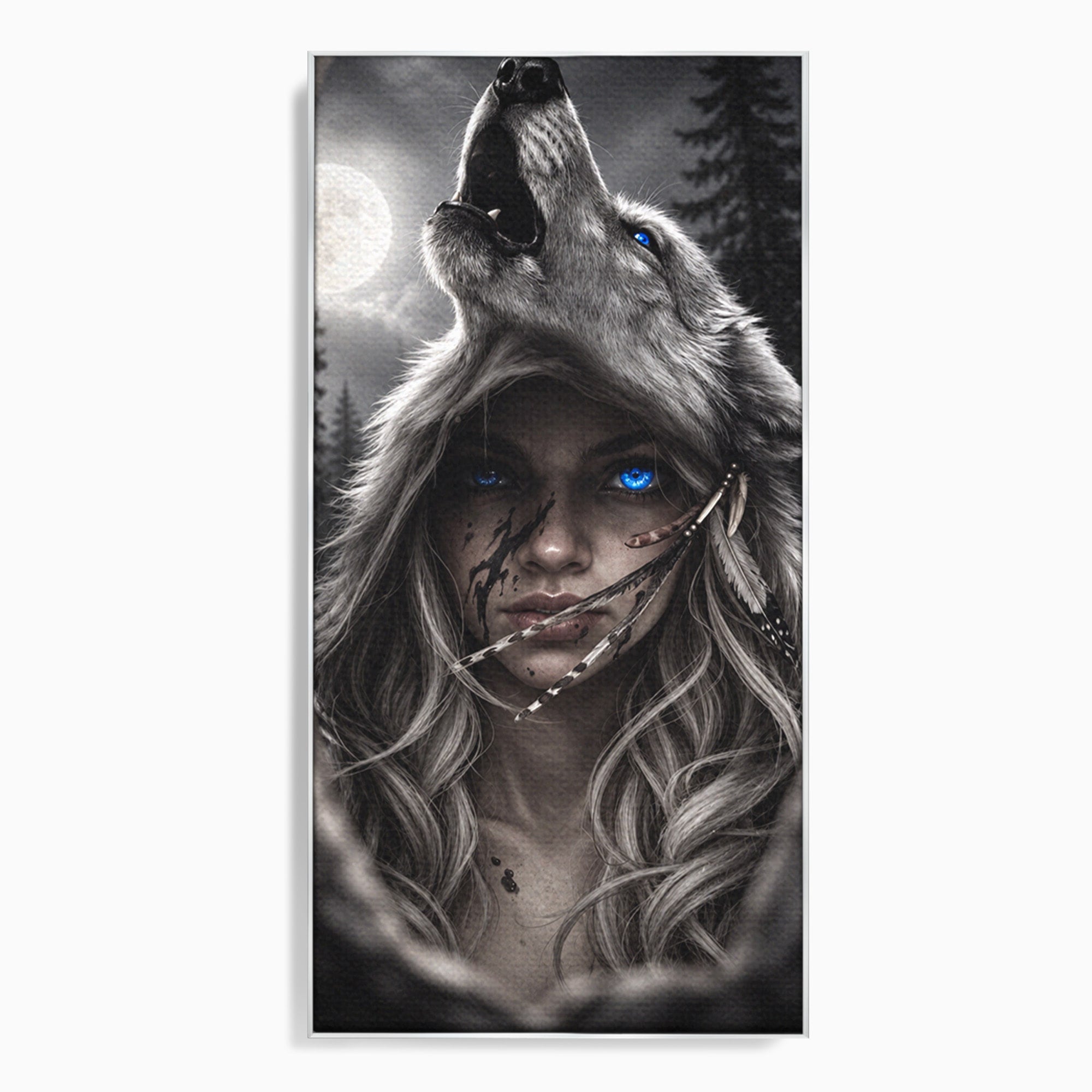 Tablou Canvas Premium LuxCanva® U1051, Femeie Lup Sub Luna, Noapte, Mister, Femeie, Lup, Living, Culori Vibrante