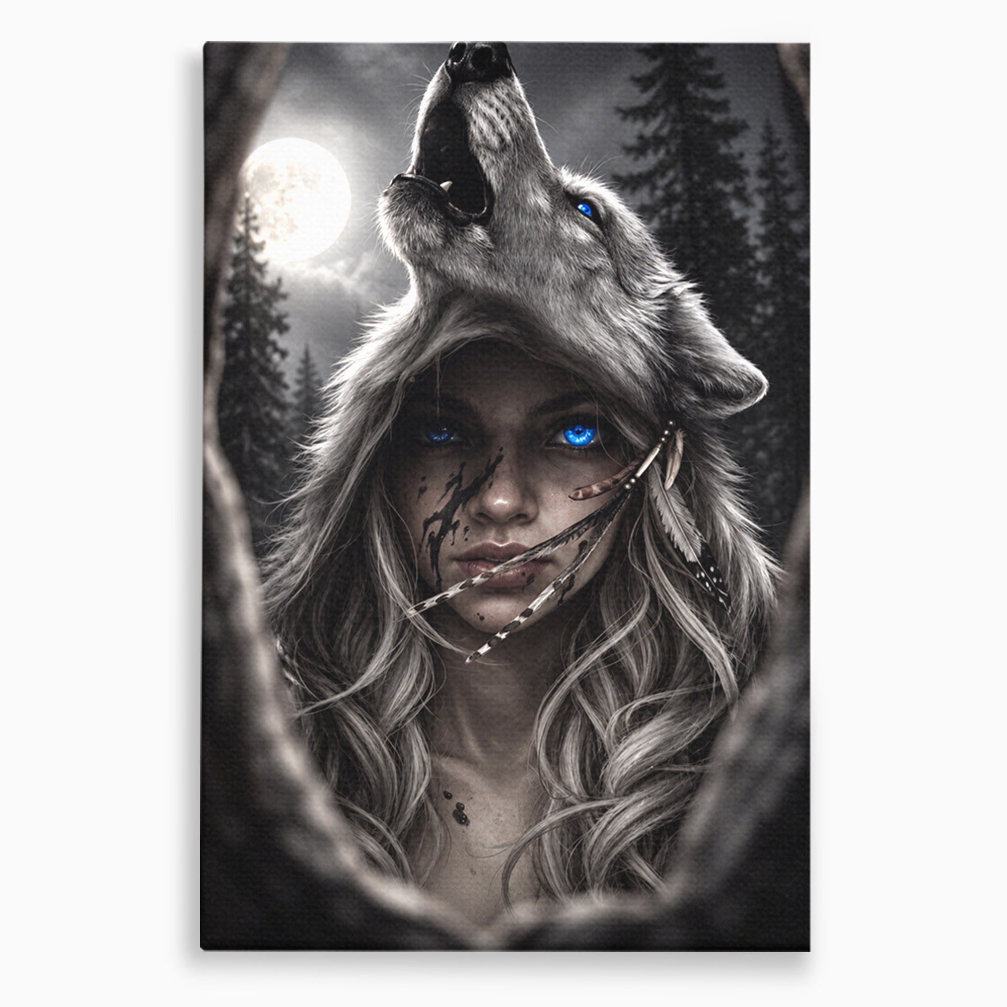 Tablou Canvas Premium LuxCanva® U1051, Femeie Lup Sub Luna, Noapte, Mister, Femeie, Lup, Living, Culori Vibrante
