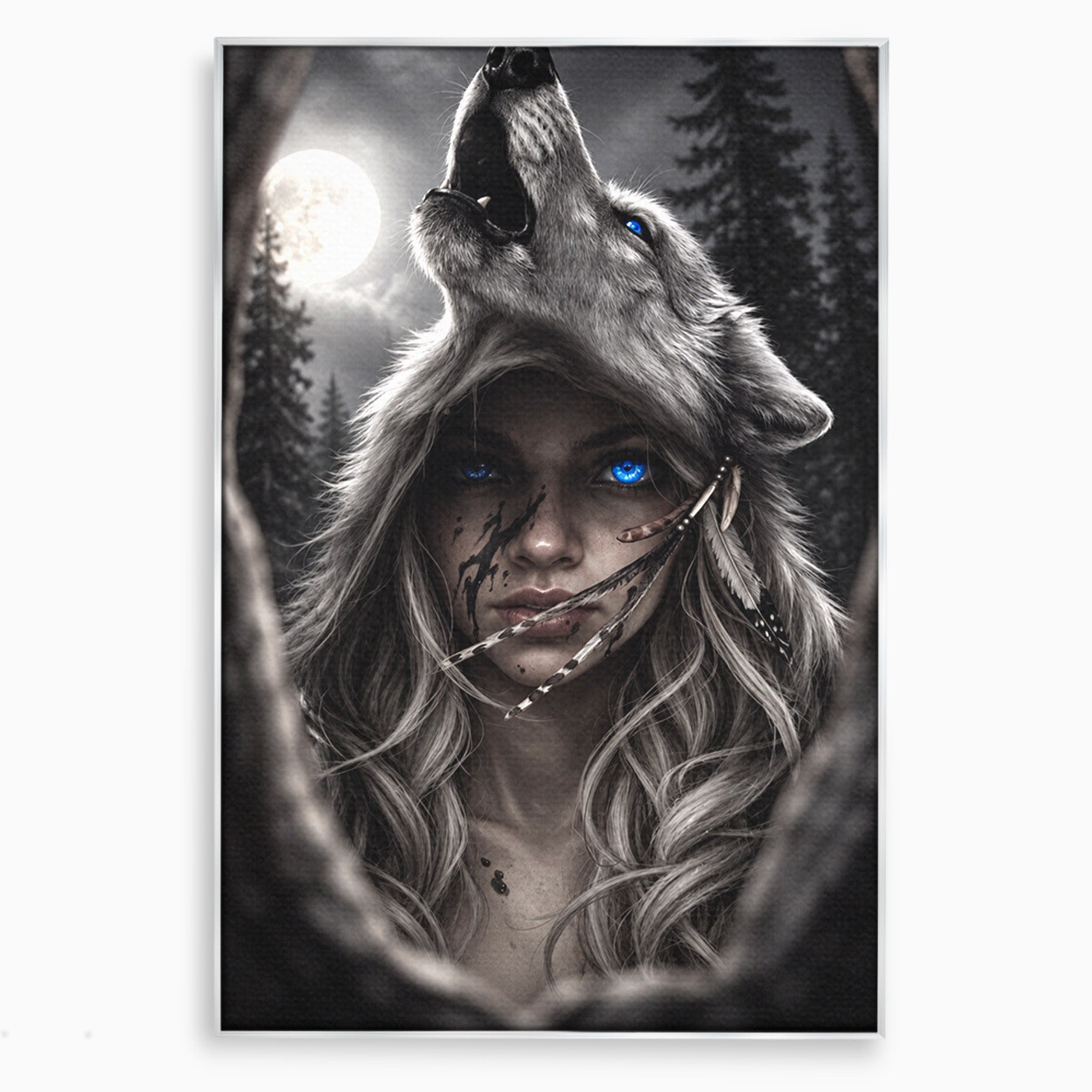Tablou Canvas Premium LuxCanva® U1051, Femeie Lup Sub Luna, Noapte, Mister, Femeie, Lup, Living, Culori Vibrante