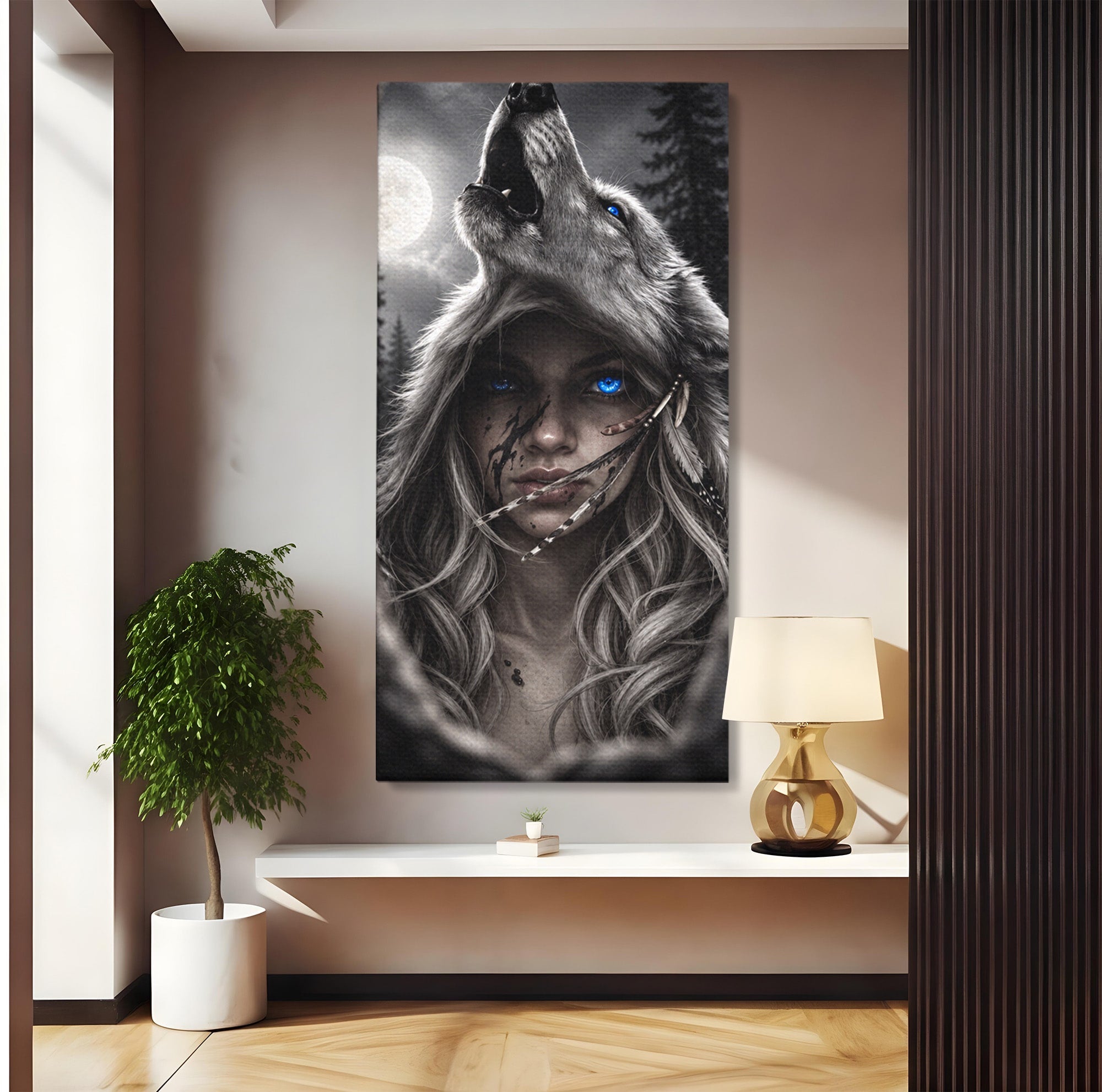 Tablou Canvas Premium LuxCanva® U1051, Femeie Lup Sub Luna, Noapte, Mister, Femeie, Lup, Living, Culori Vibrante