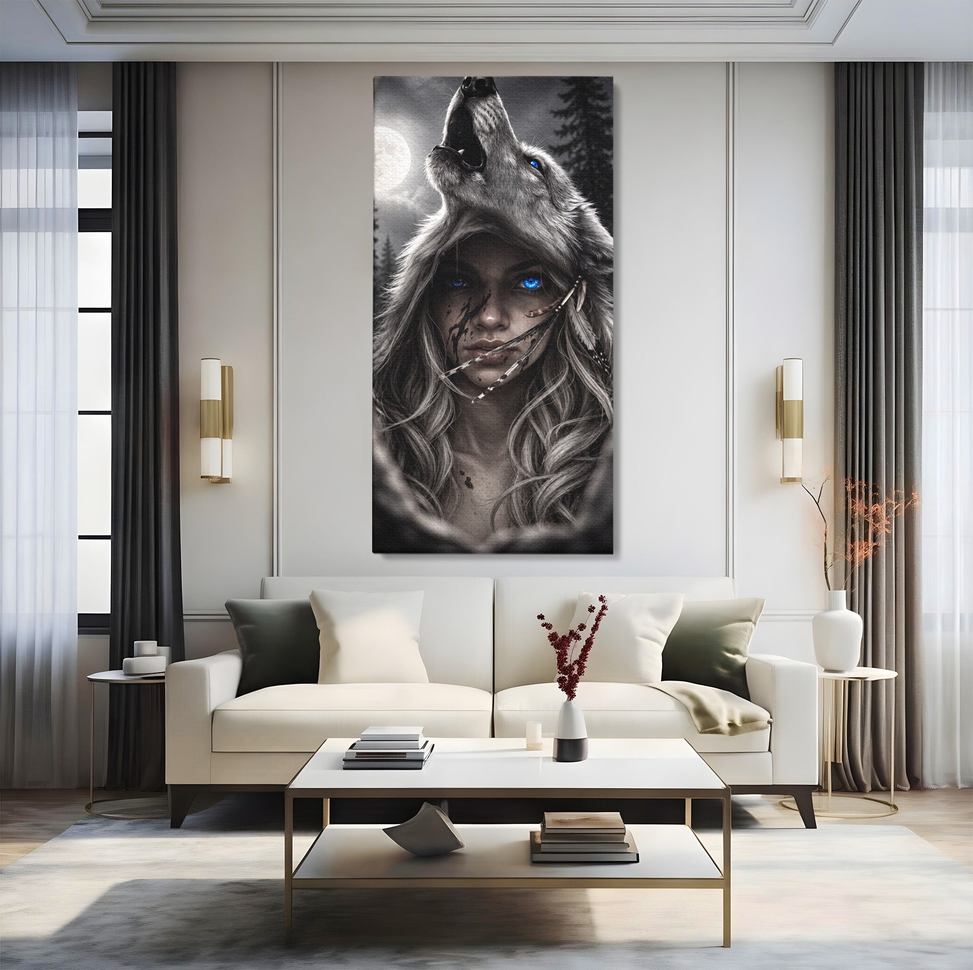 Tablou Canvas Premium LuxCanva® U1051, Femeie Lup Sub Luna, Noapte, Mister, Femeie, Lup, Living, Culori Vibrante