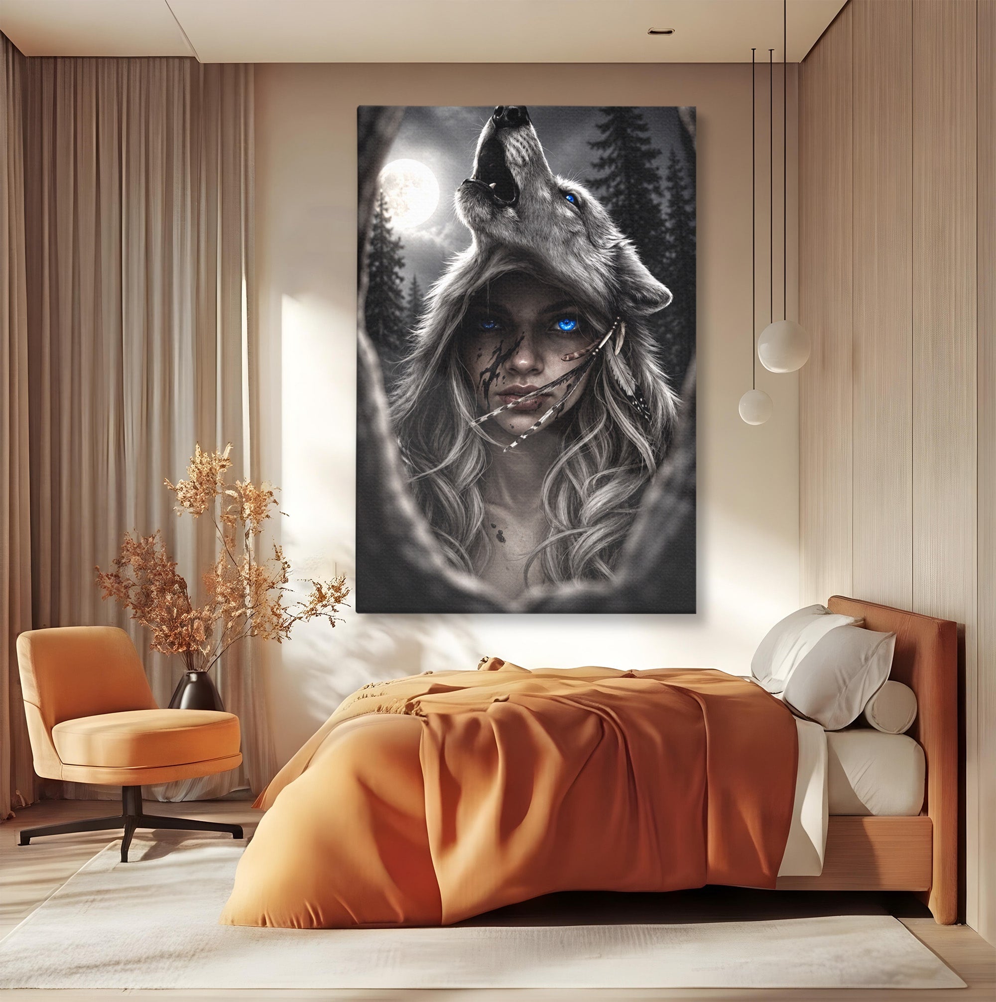 Tablou Canvas Premium LuxCanva® U1051, Femeie Lup Sub Luna, Noapte, Mister, Femeie, Lup, Living, Culori Vibrante
