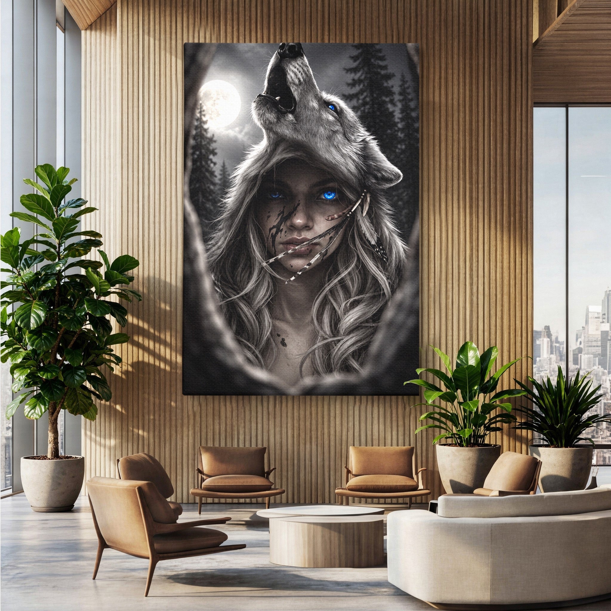 Tablou Canvas Premium LuxCanva® U1051, Femeie Lup Sub Luna, Noapte, Mister, Femeie, Lup, Living, Culori Vibrante