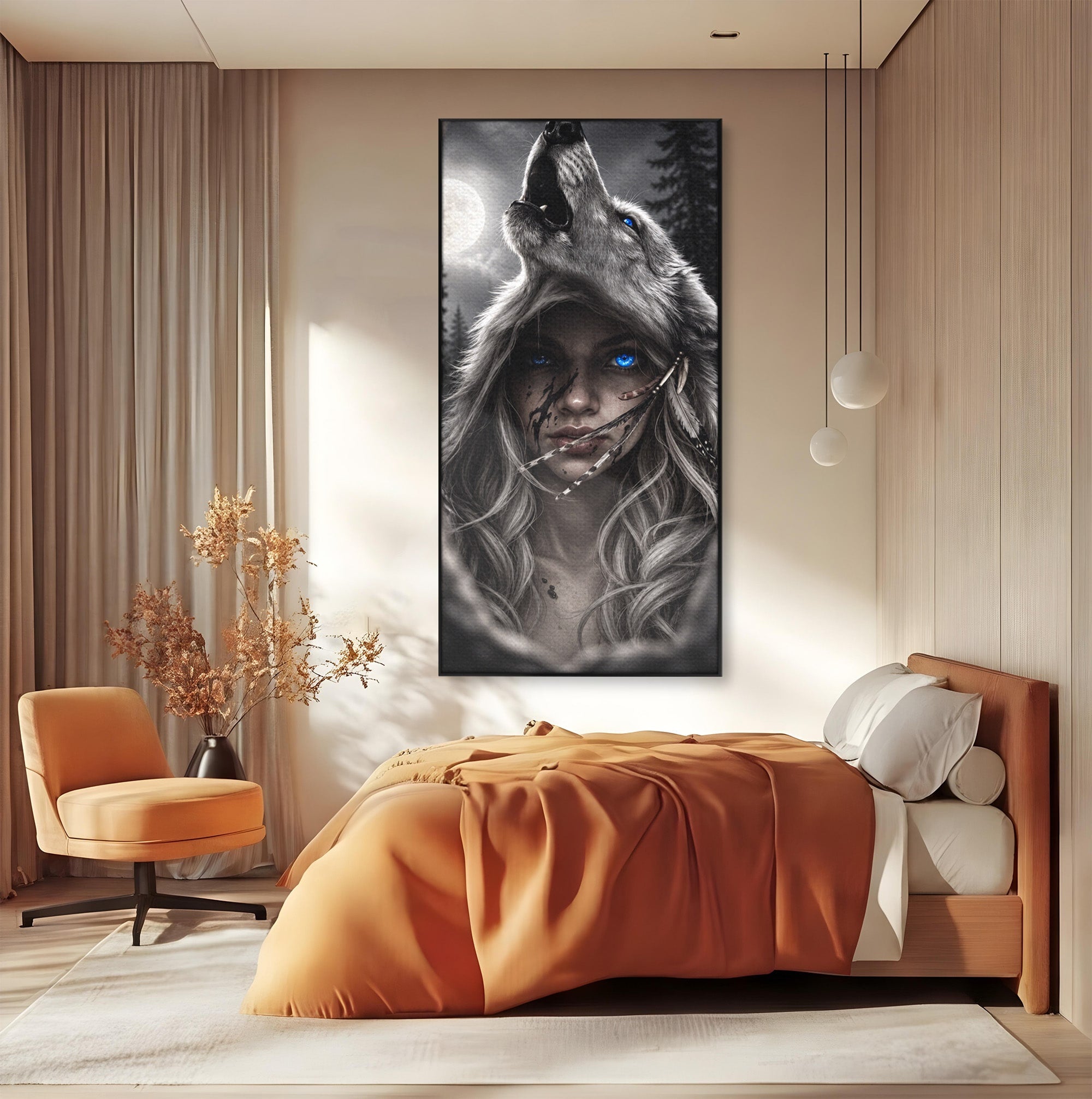 Tablou Canvas Premium LuxCanva® U1051, Femeie Lup Sub Luna, Noapte, Mister, Femeie, Lup, Living, Culori Vibrante
