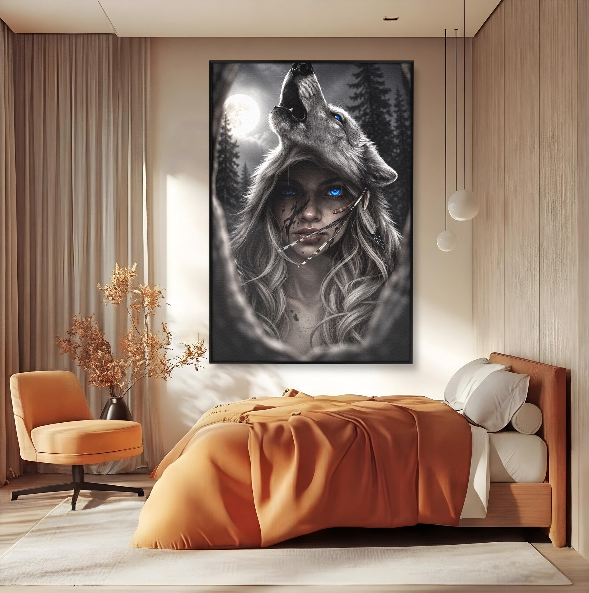 Tablou Canvas Premium LuxCanva® U1051, Femeie Lup Sub Luna, Noapte, Mister, Femeie, Lup, Living, Culori Vibrante