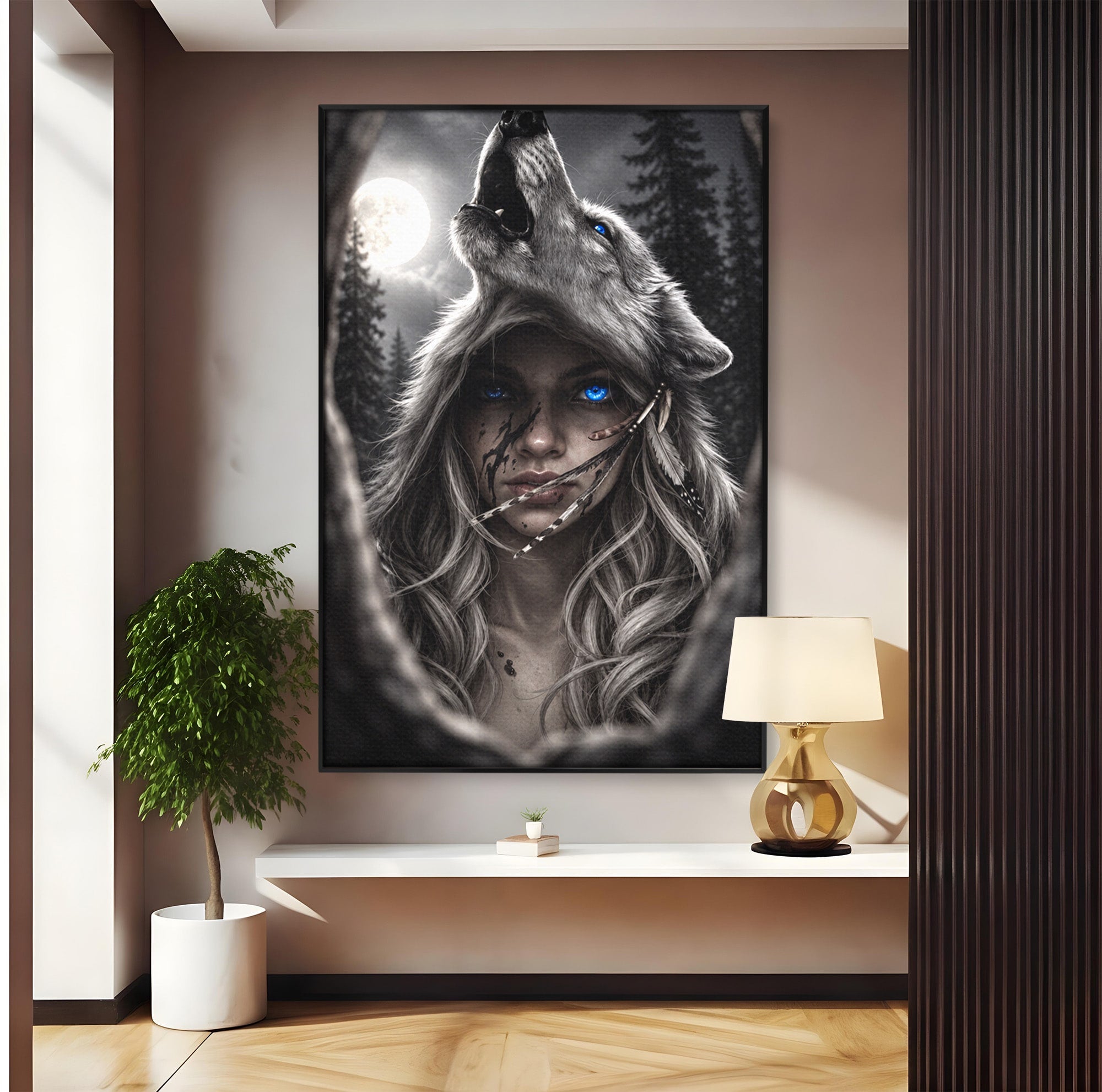 Tablou Canvas Premium LuxCanva® U1051, Femeie Lup Sub Luna, Noapte, Mister, Femeie, Lup, Living, Culori Vibrante