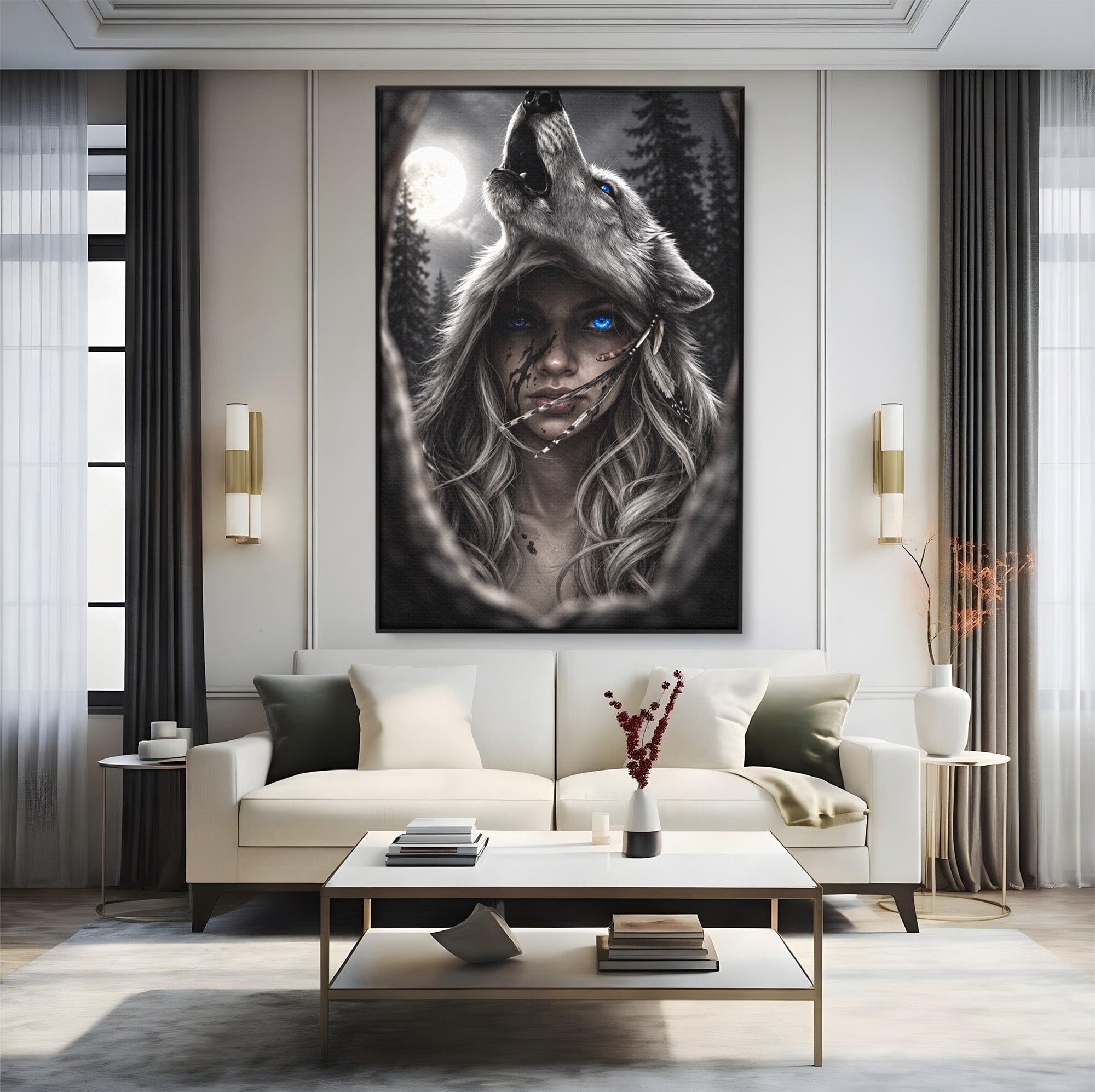 Tablou Canvas Premium LuxCanva® U1051, Femeie Lup Sub Luna, Noapte, Mister, Femeie, Lup, Living, Culori Vibrante