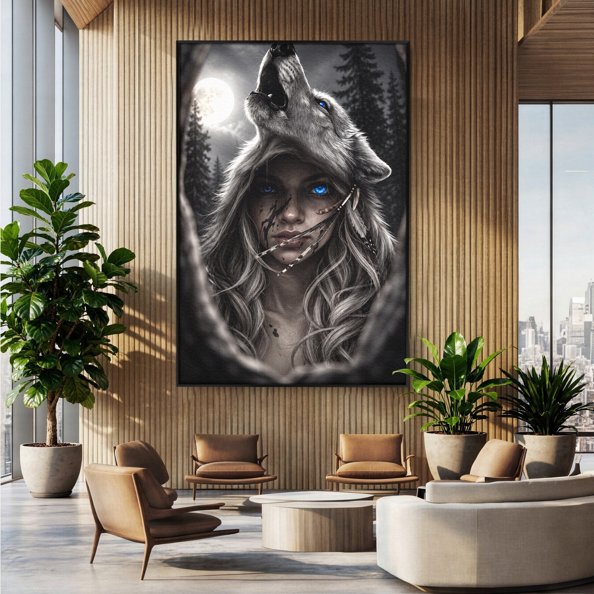 Tablou Canvas Premium LuxCanva® U1051, Femeie Lup Sub Luna, Noapte, Mister, Femeie, Lup, Living, Culori Vibrante
