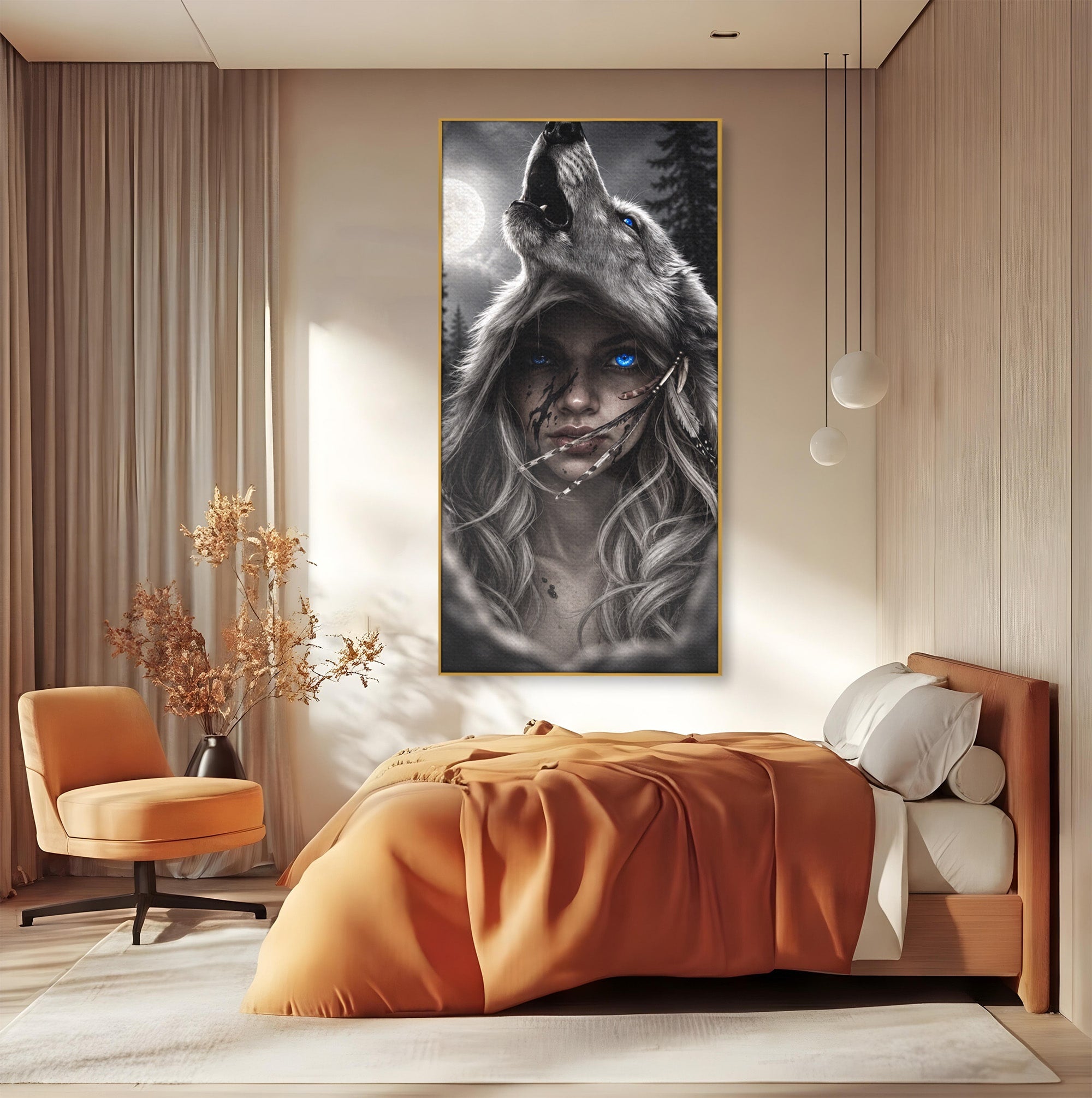 Tablou Canvas Premium LuxCanva® U1051, Femeie Lup Sub Luna, Noapte, Mister, Femeie, Lup, Living, Culori Vibrante