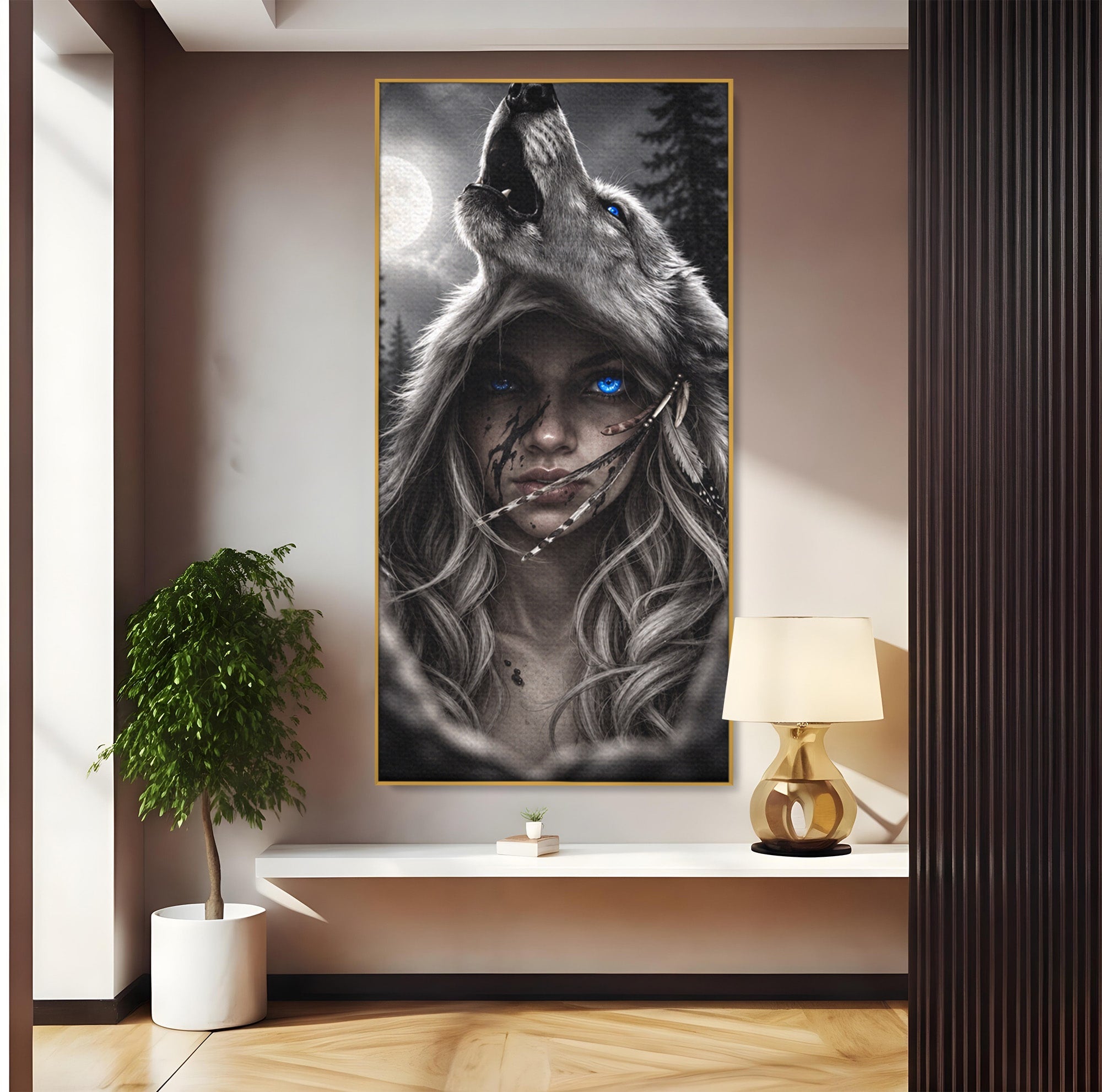 Tablou Canvas Premium LuxCanva® U1051, Femeie Lup Sub Luna, Noapte, Mister, Femeie, Lup, Living, Culori Vibrante