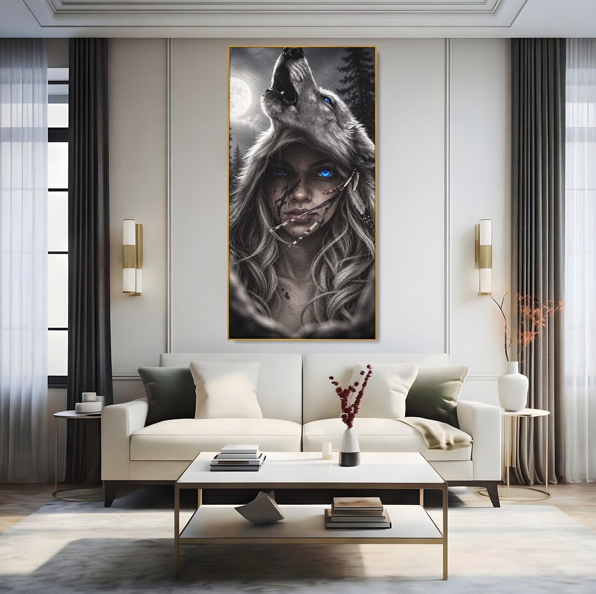 Tablou Canvas Premium LuxCanva® U1051, Femeie Lup Sub Luna, Noapte, Mister, Femeie, Lup, Living, Culori Vibrante