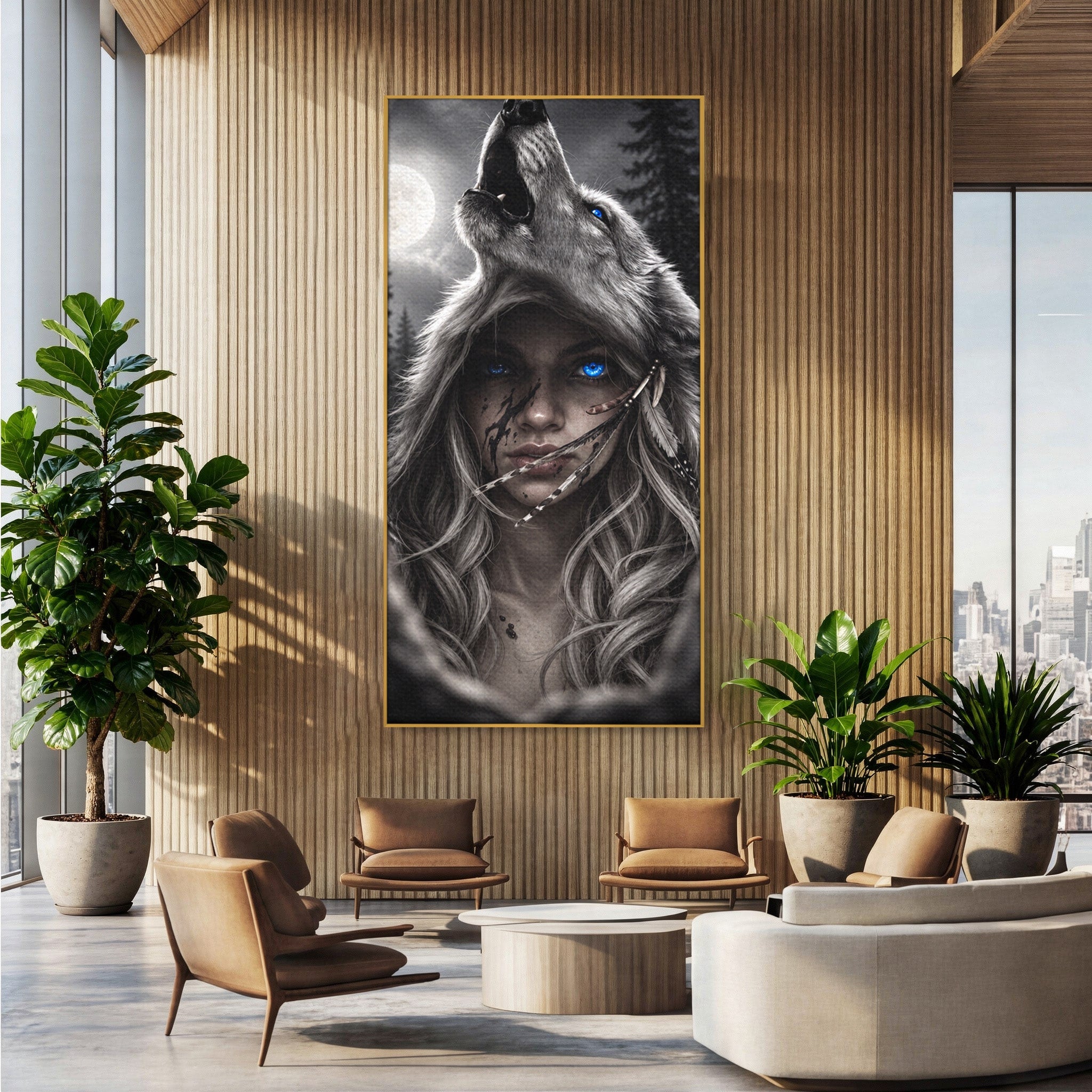 Tablou Canvas Premium LuxCanva® U1051, Femeie Lup Sub Luna, Noapte, Mister, Femeie, Lup, Living, Culori Vibrante