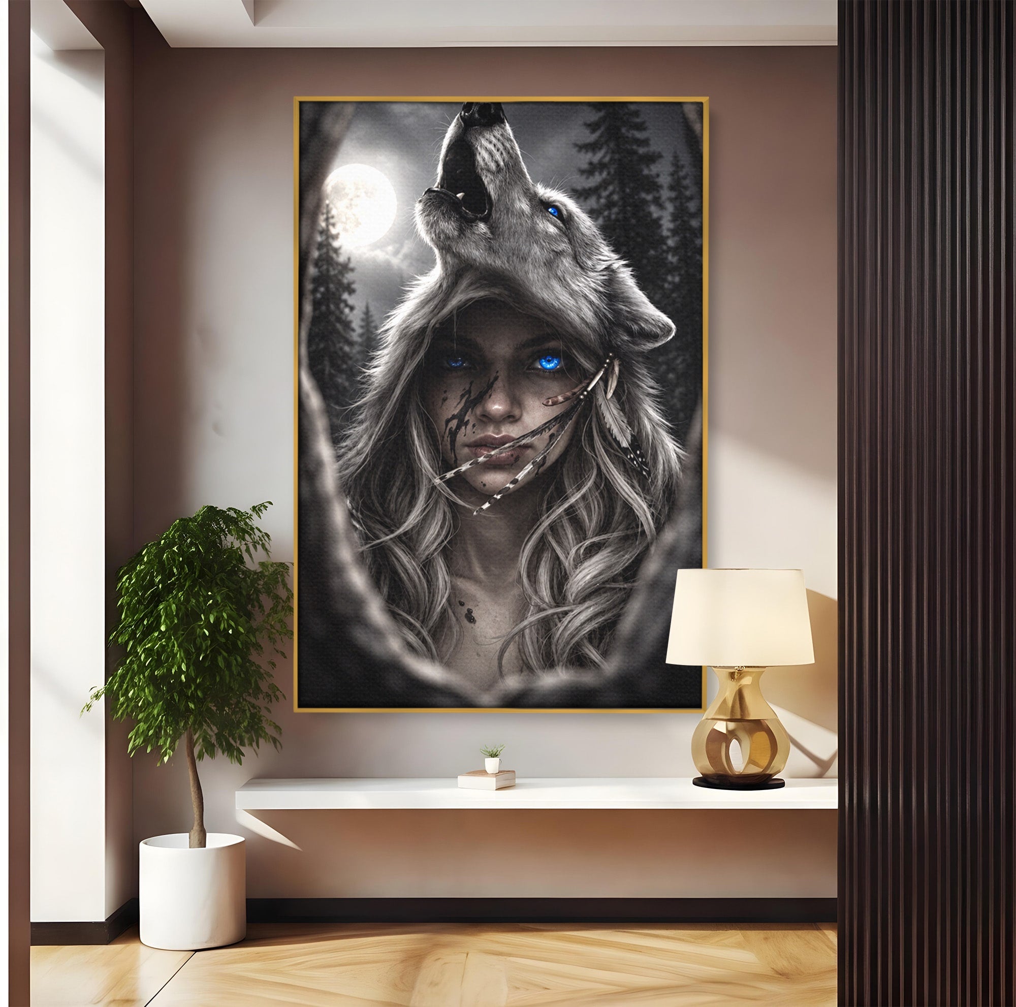 Tablou Canvas Premium LuxCanva® U1051, Femeie Lup Sub Luna, Noapte, Mister, Femeie, Lup, Living, Culori Vibrante