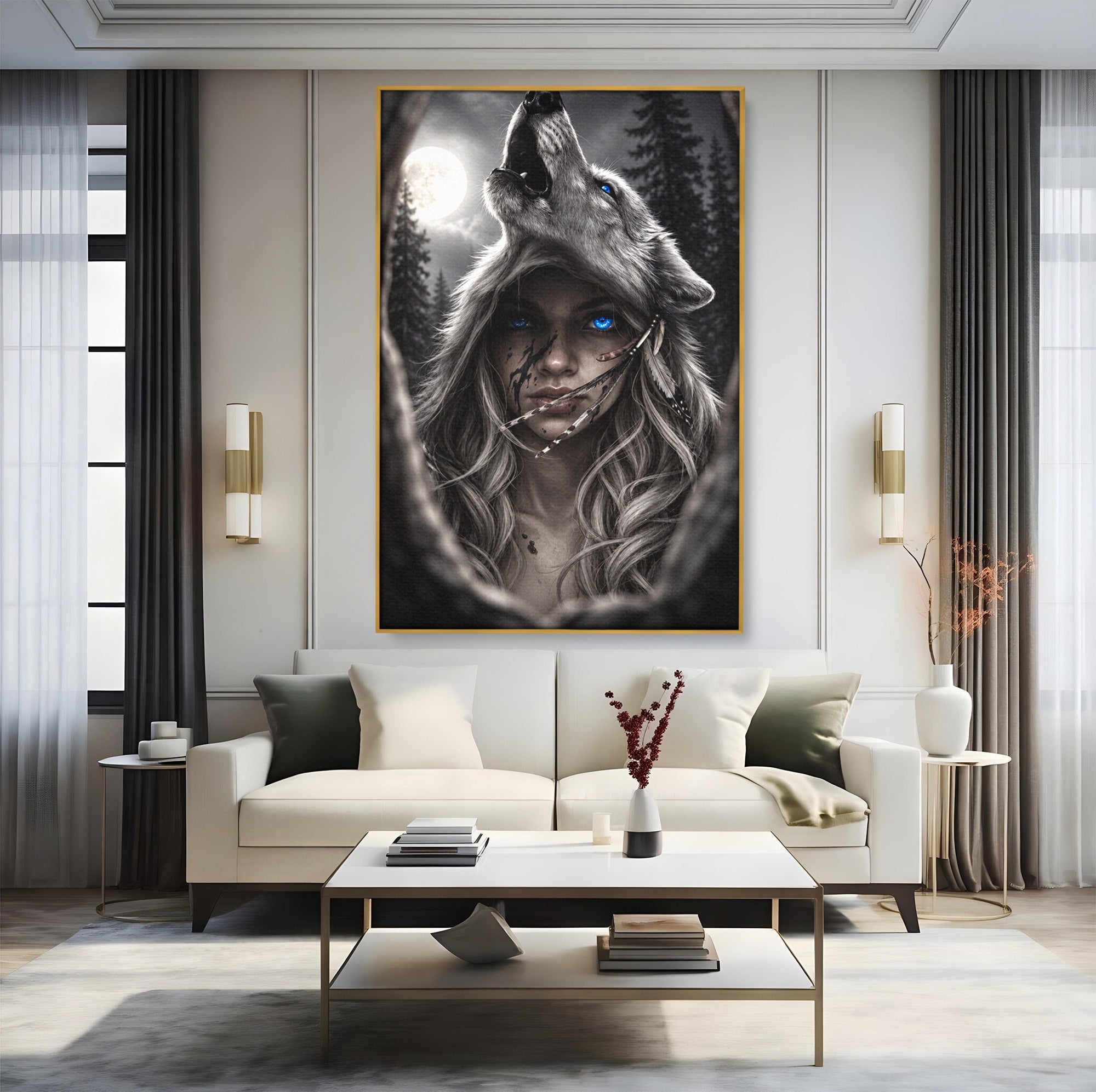 Tablou Canvas Premium LuxCanva® U1051, Femeie Lup Sub Luna, Noapte, Mister, Femeie, Lup, Living, Culori Vibrante