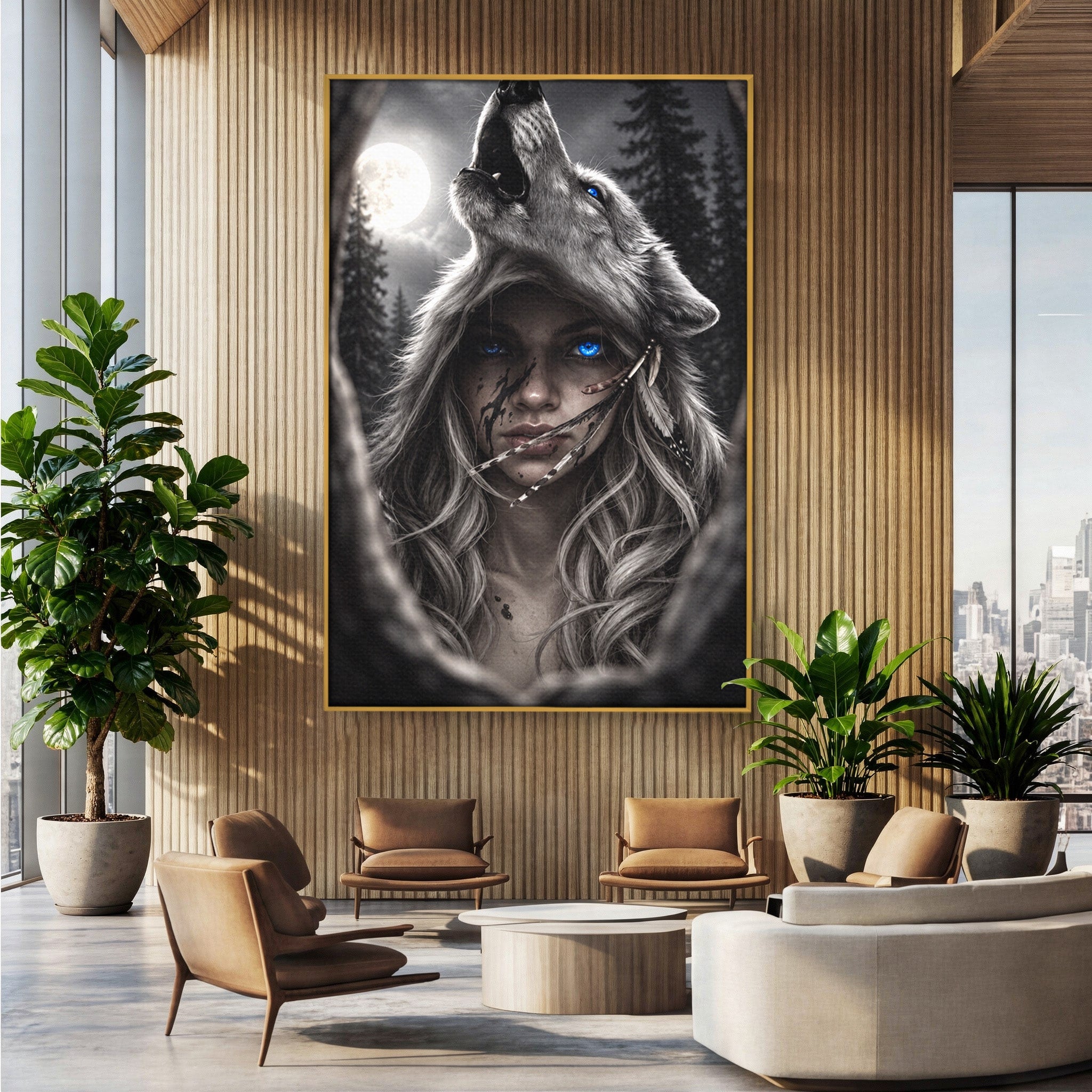 Tablou Canvas Premium LuxCanva® U1051, Femeie Lup Sub Luna, Noapte, Mister, Femeie, Lup, Living, Culori Vibrante