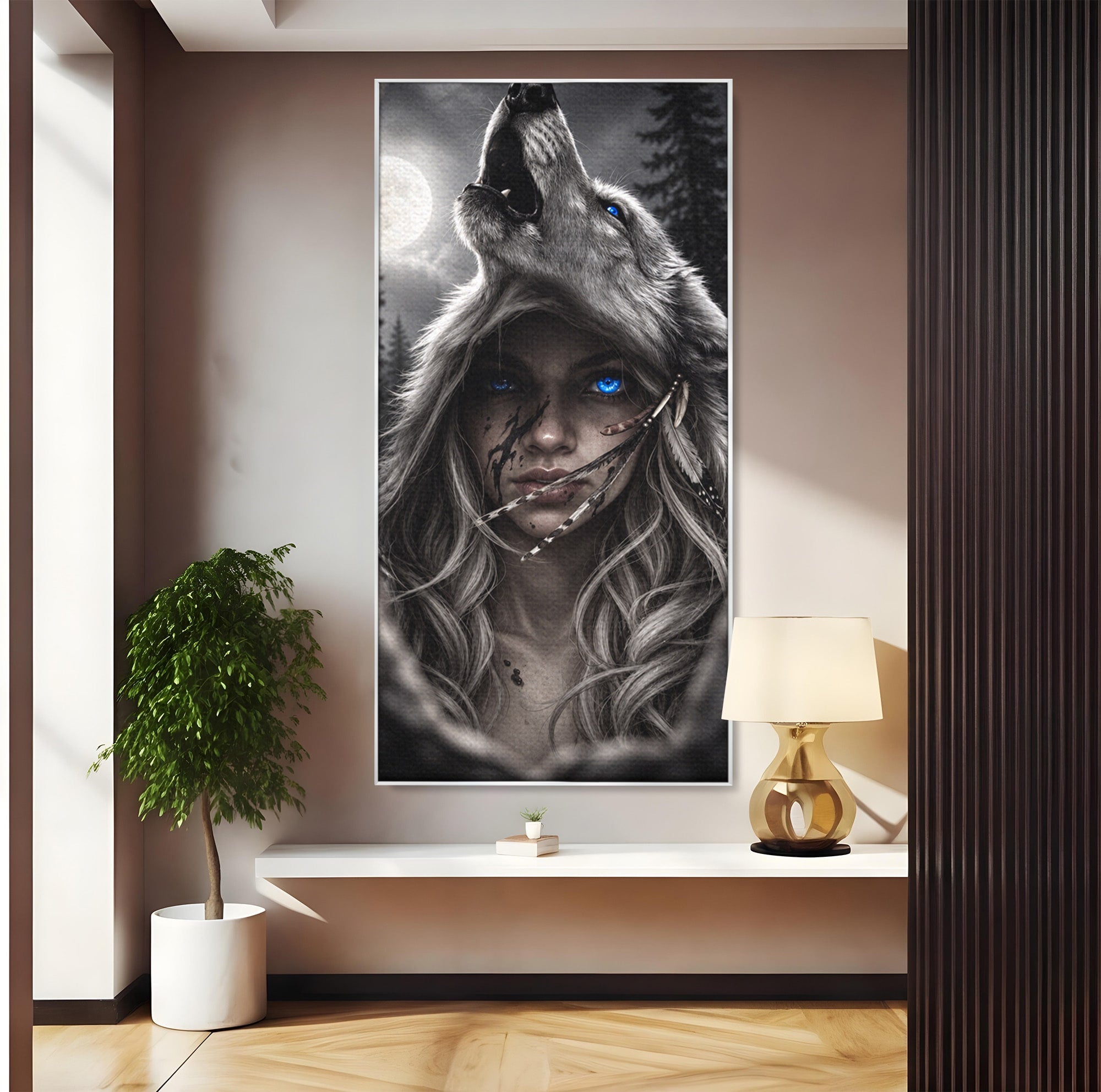 Tablou Canvas Premium LuxCanva® U1051, Femeie Lup Sub Luna, Noapte, Mister, Femeie, Lup, Living, Culori Vibrante