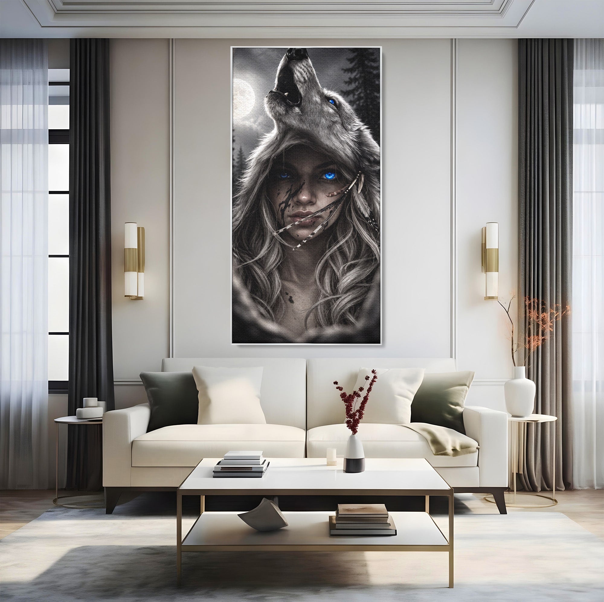 Tablou Canvas Premium LuxCanva® U1051, Femeie Lup Sub Luna, Noapte, Mister, Femeie, Lup, Living, Culori Vibrante