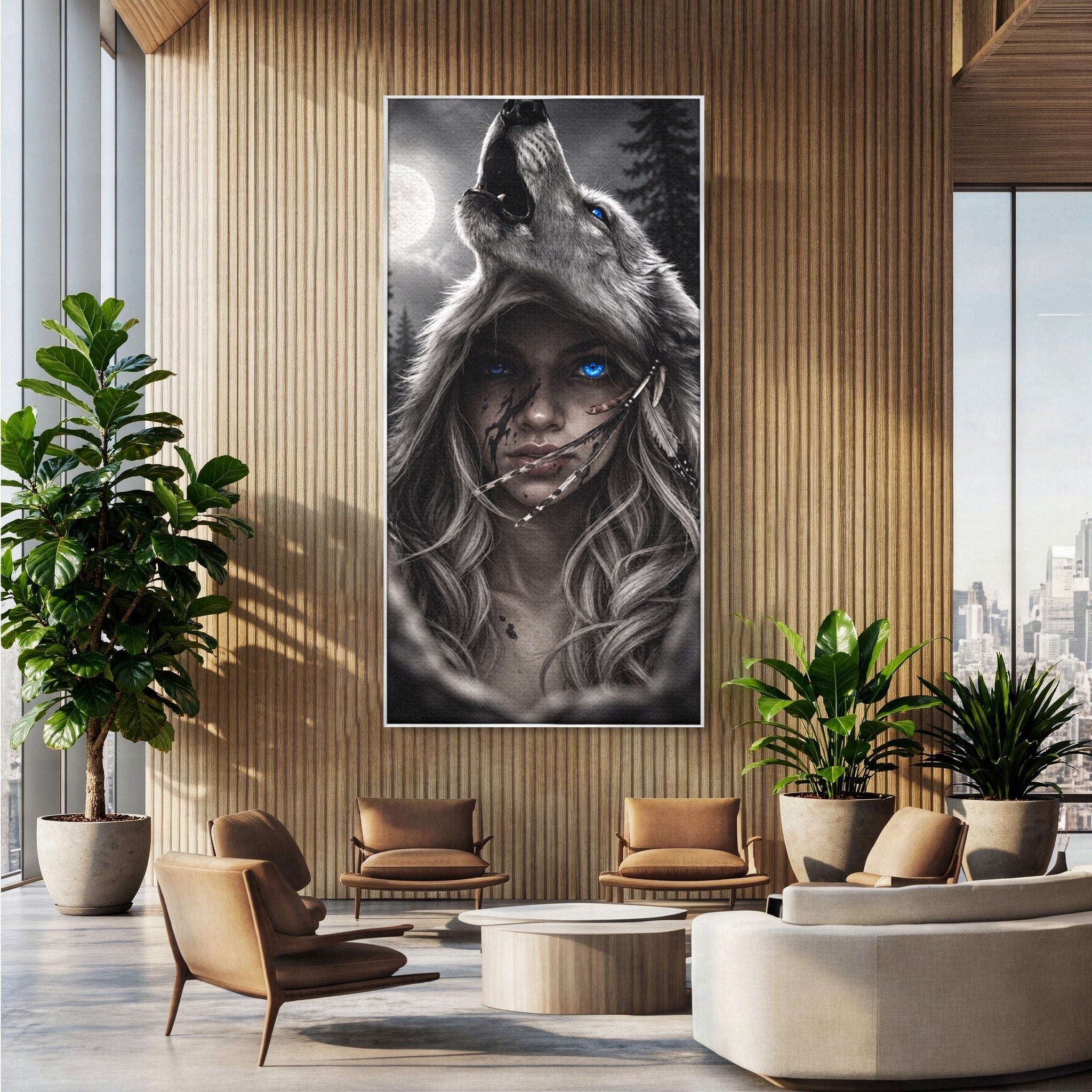 Tablou Canvas Premium LuxCanva® U1051, Femeie Lup Sub Luna, Noapte, Mister, Femeie, Lup, Living, Culori Vibrante
