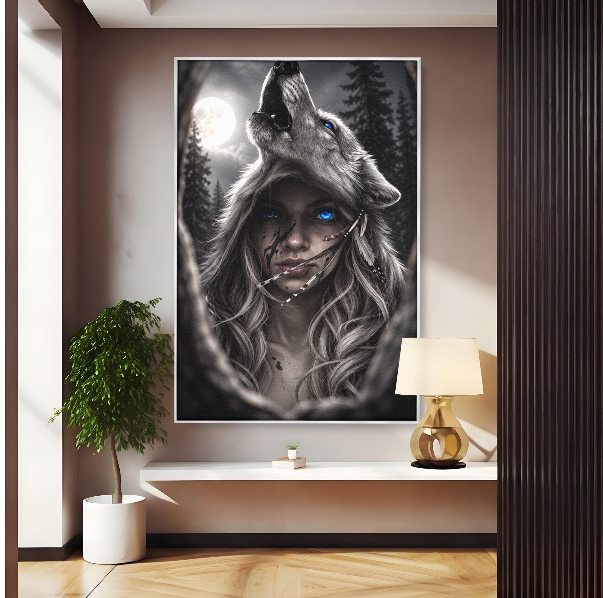 Tablou Canvas Premium LuxCanva® U1051, Femeie Lup Sub Luna, Noapte, Mister, Femeie, Lup, Living, Culori Vibrante
