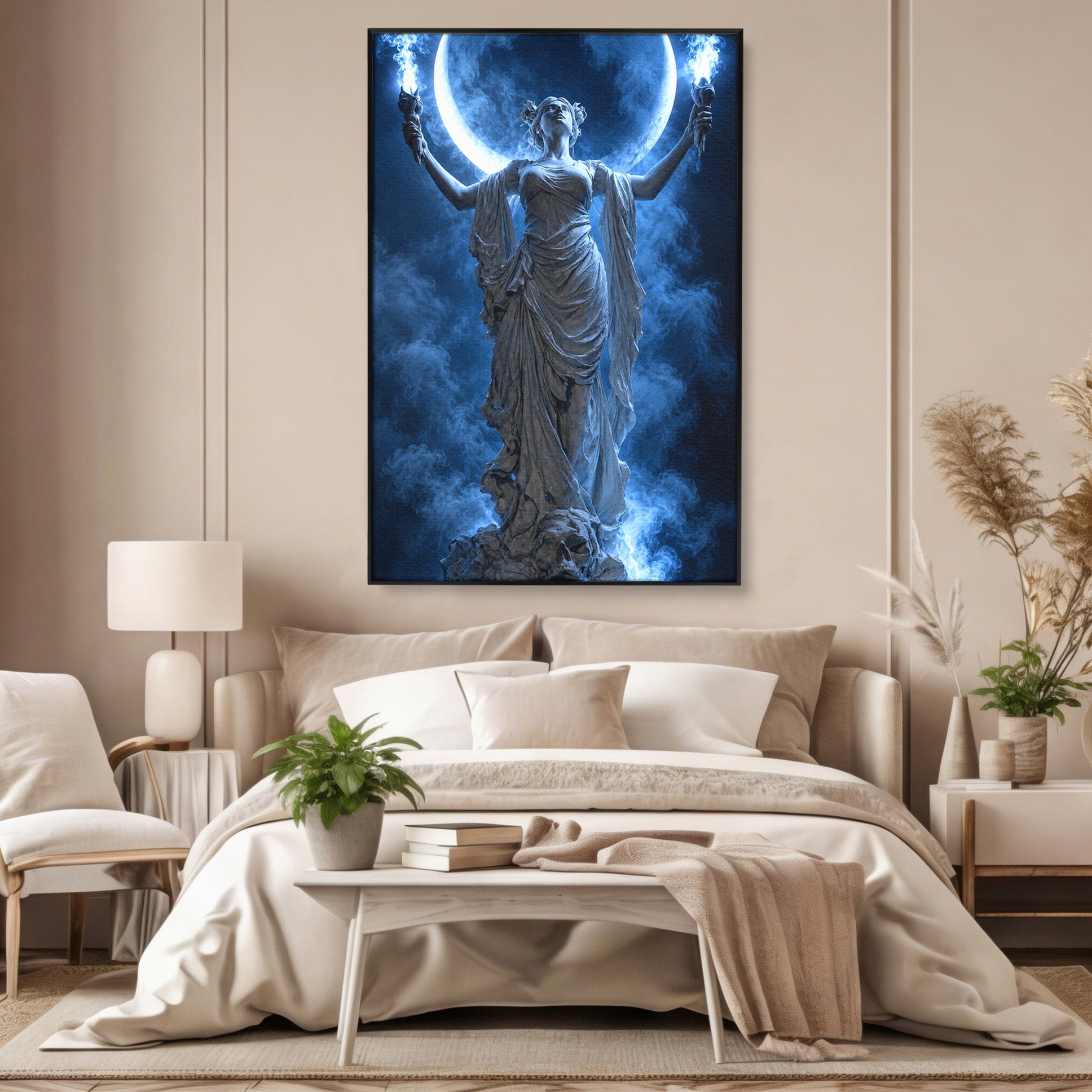 Tablou Canvas Premium LuxCanva® U1052, Zeita Lunii, Mistic, Statuie, Zeita, Luna, Dormitor, Living, Culori Vibrante
