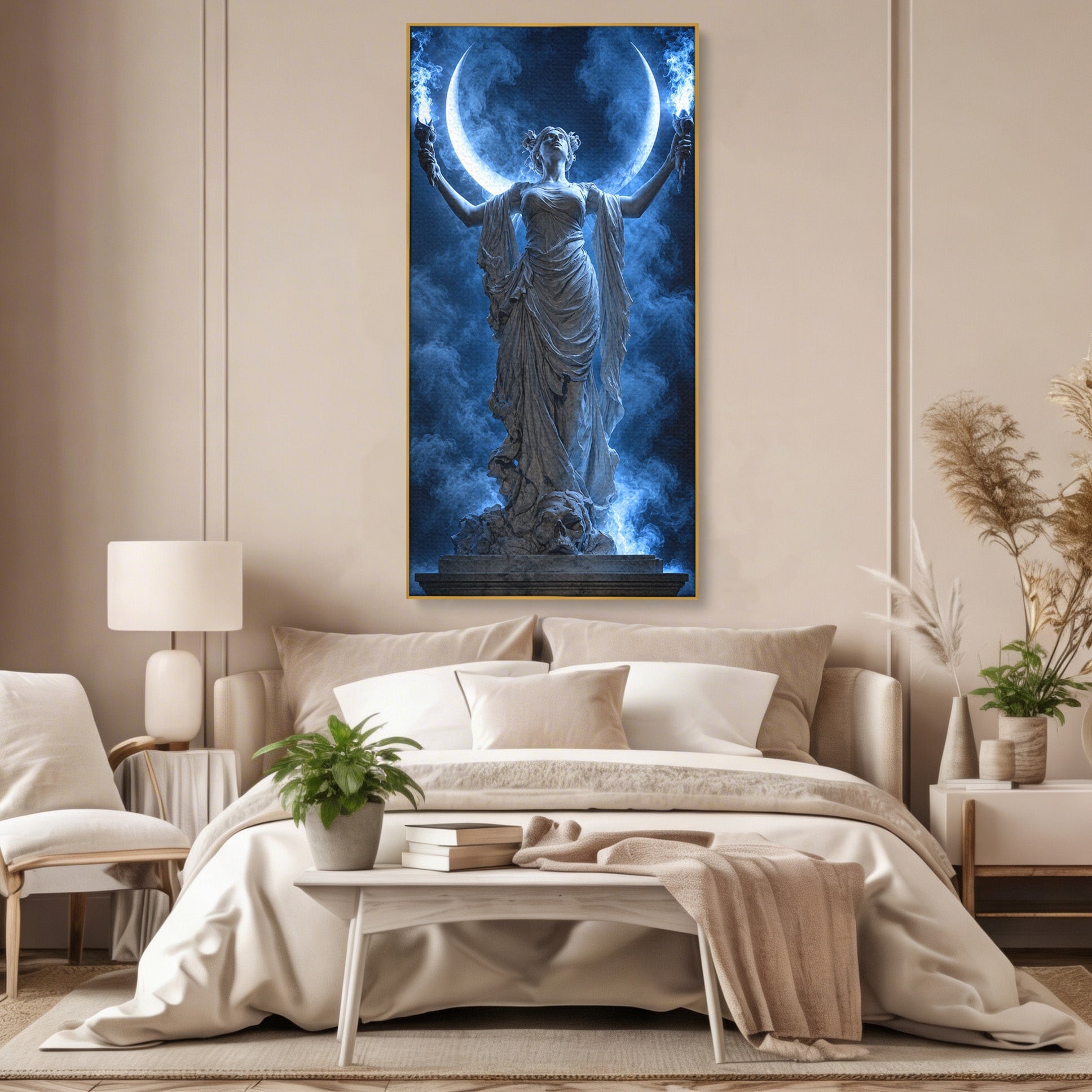 Tablou Canvas Premium LuxCanva® U1052, Zeita Lunii, Mistic, Statuie, Zeita, Luna, Dormitor, Living, Culori Vibrante