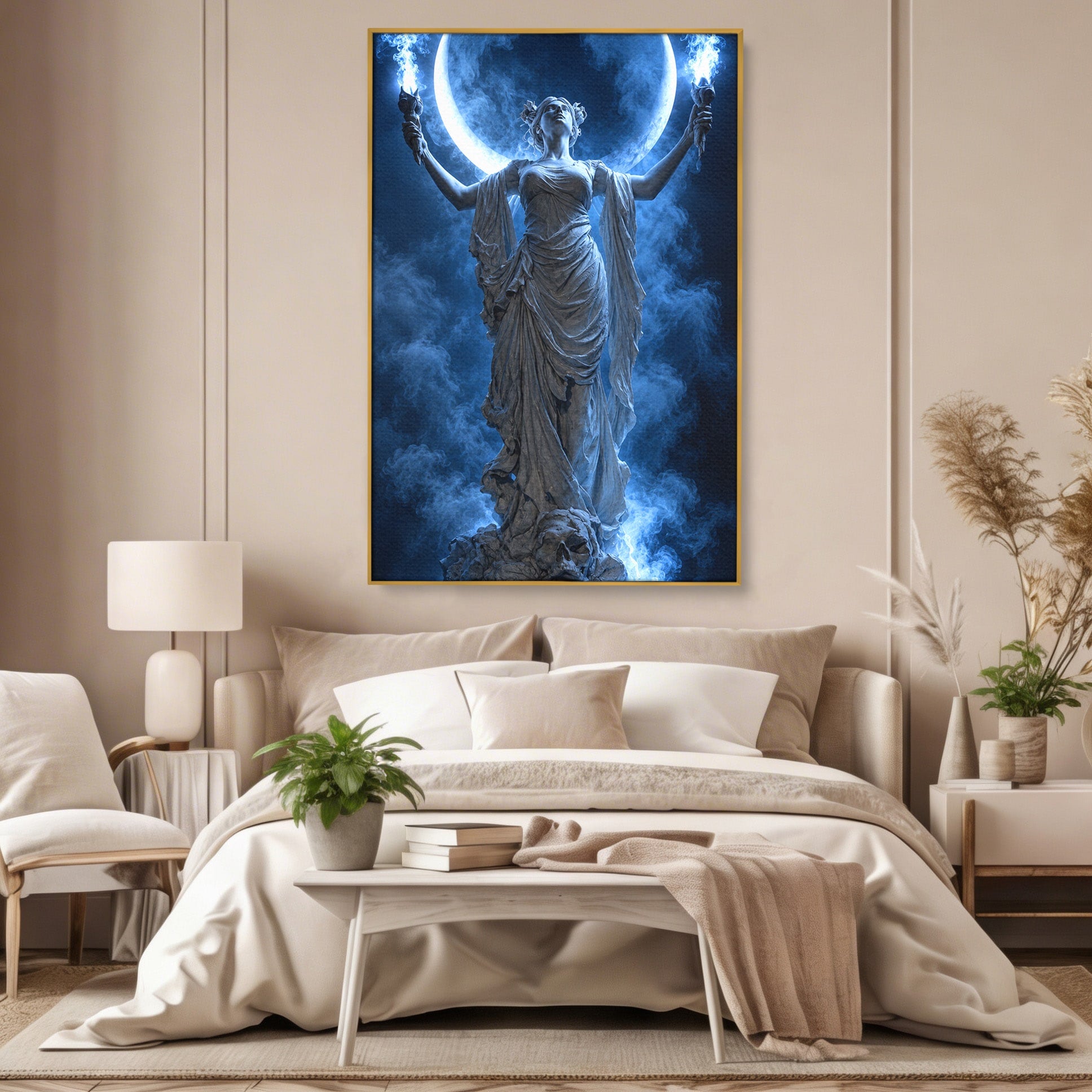 Tablou Canvas Premium LuxCanva® U1052, Zeita Lunii, Mistic, Statuie, Zeita, Luna, Dormitor, Living, Culori Vibrante