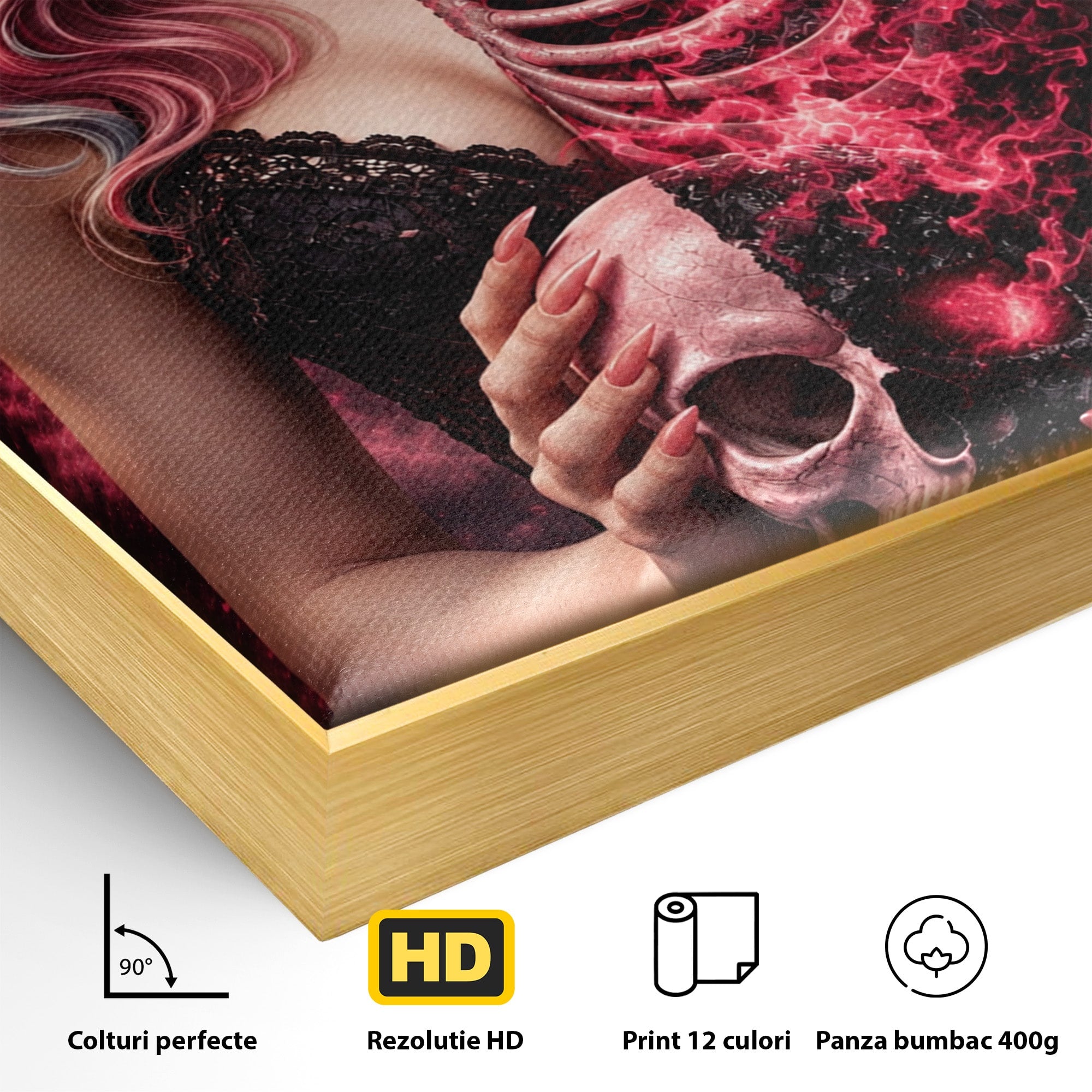 Tablou Canvas Premium LuxCanva® U1054, Dualitatea Vietii Si Mortii, Femeie, Craniu, Foc, Living, Culori Vibrante