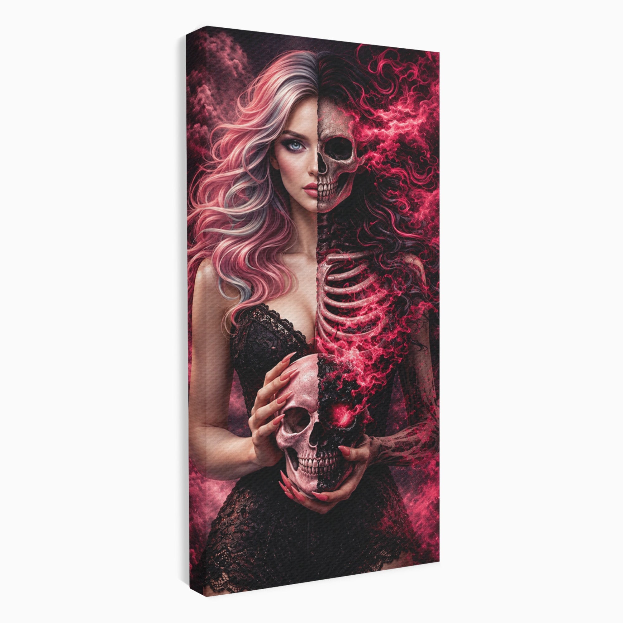 Tablou Canvas Premium LuxCanva® U1054, Dualitatea Vietii Si Mortii, Femeie, Craniu, Foc, Living, Culori Vibrante