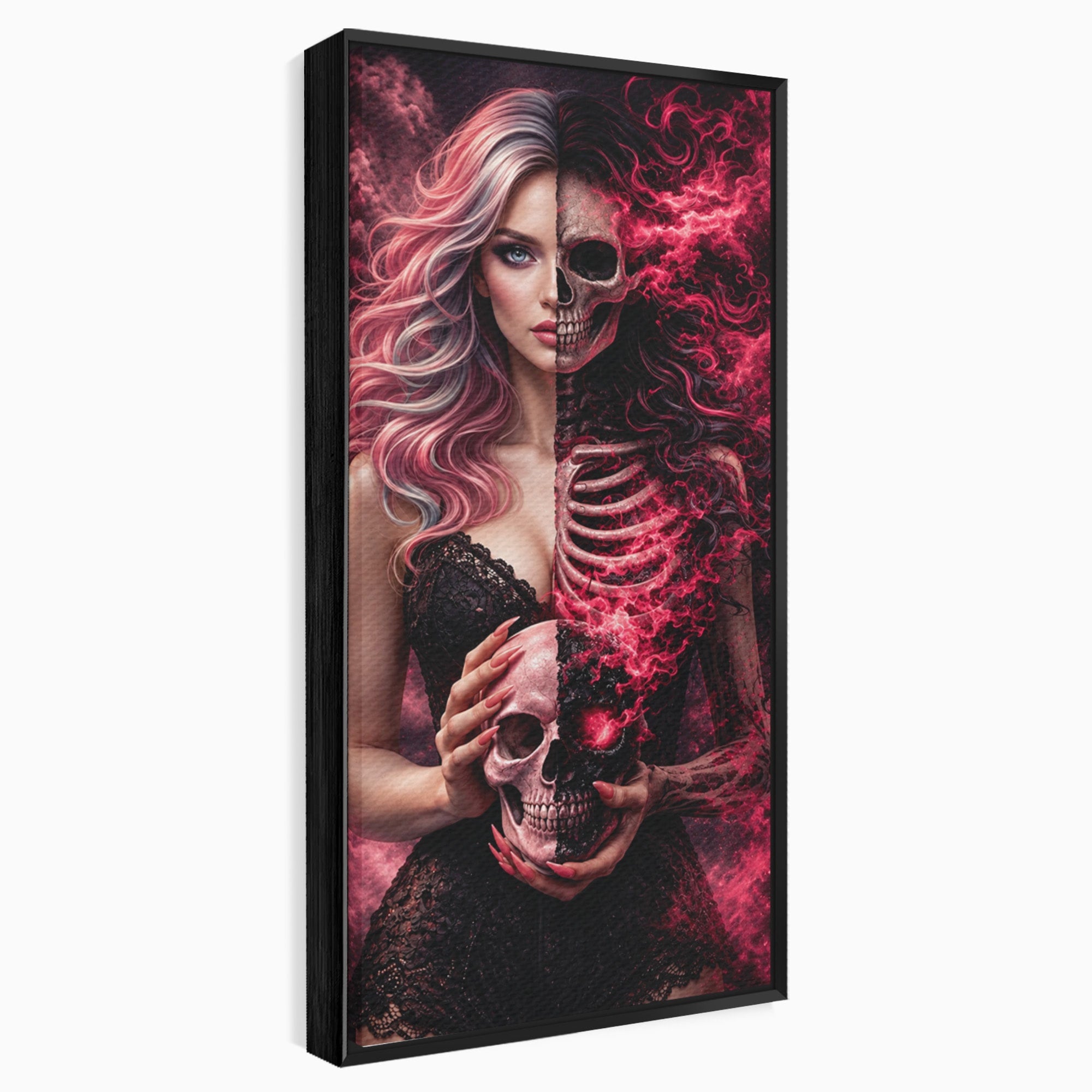 Tablou Canvas Premium LuxCanva® U1054, Dualitatea Vietii Si Mortii, Femeie, Craniu, Foc, Living, Culori Vibrante