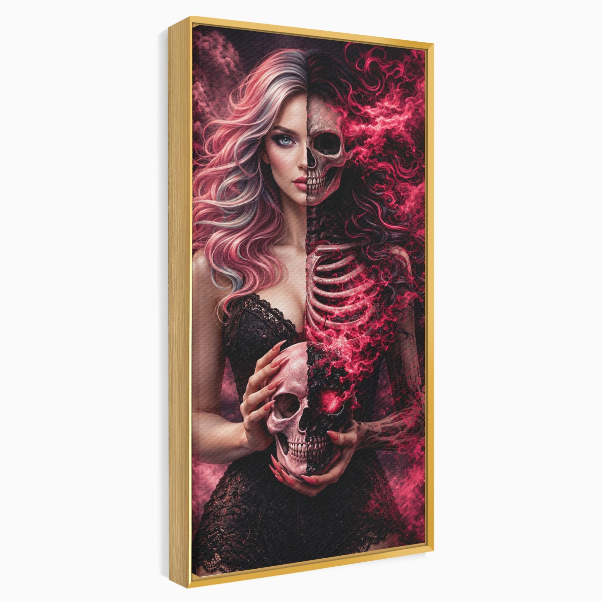 Tablou Canvas Premium LuxCanva® U1054, Dualitatea Vietii Si Mortii, Femeie, Craniu, Foc, Living, Culori Vibrante