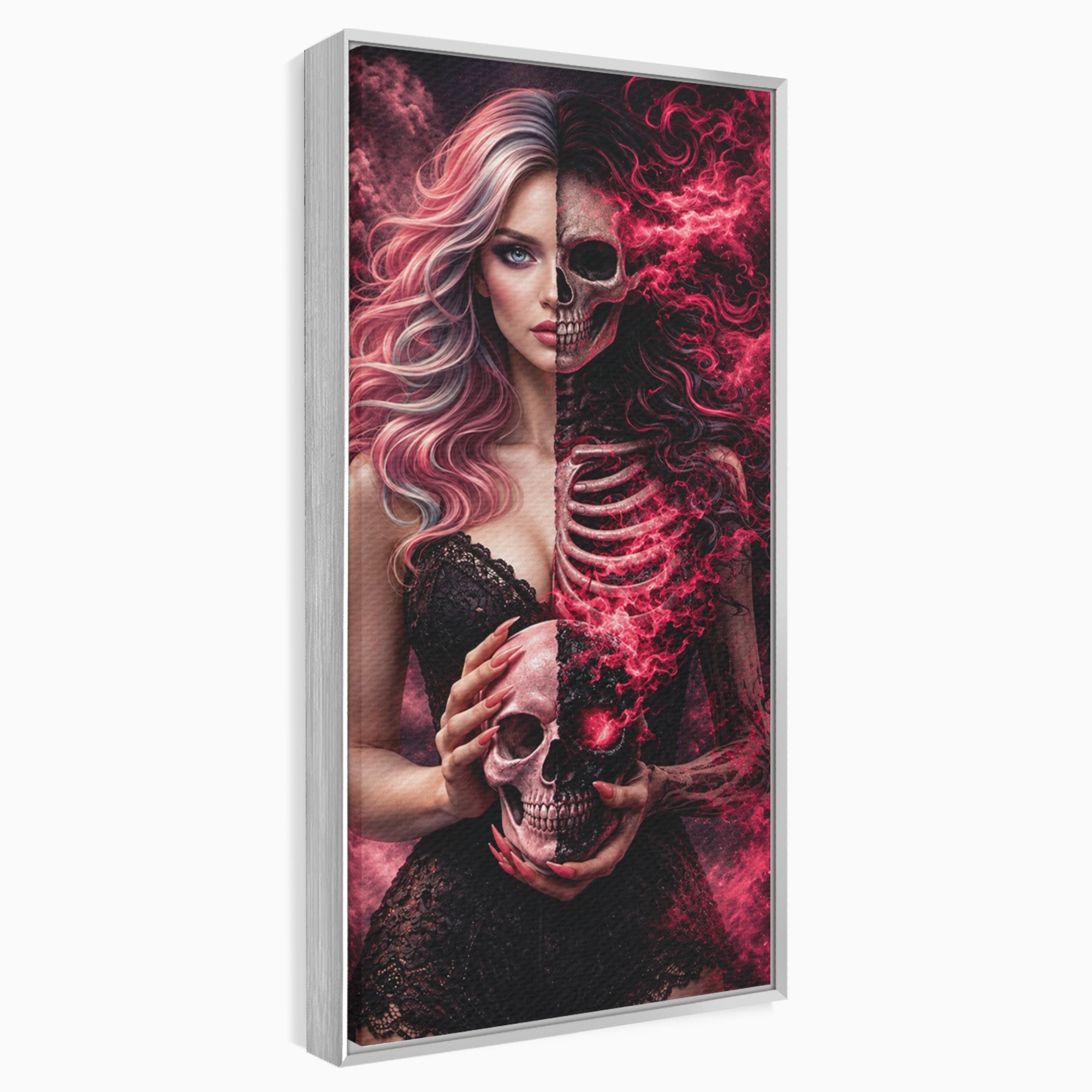 Tablou Canvas Premium LuxCanva® U1054, Dualitatea Vietii Si Mortii, Femeie, Craniu, Foc, Living, Culori Vibrante