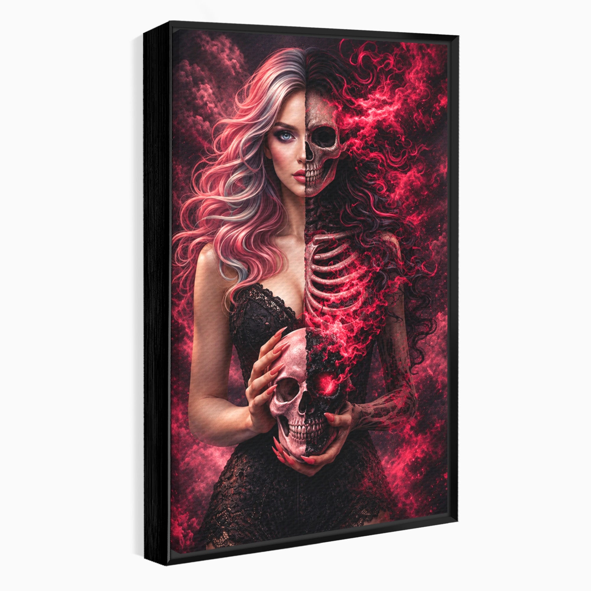Tablou Canvas Premium LuxCanva® U1054, Dualitatea Vietii Si Mortii, Femeie, Craniu, Foc, Living, Culori Vibrante