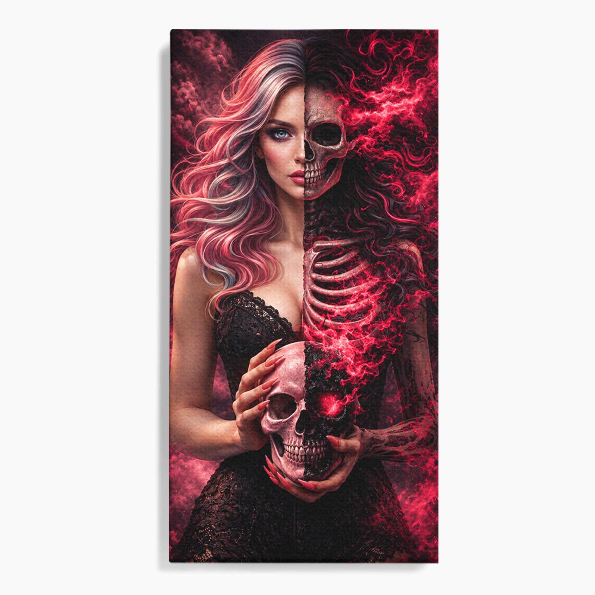 Tablou Canvas Premium LuxCanva® U1054, Dualitatea Vietii Si Mortii, Femeie, Craniu, Foc, Living, Culori Vibrante