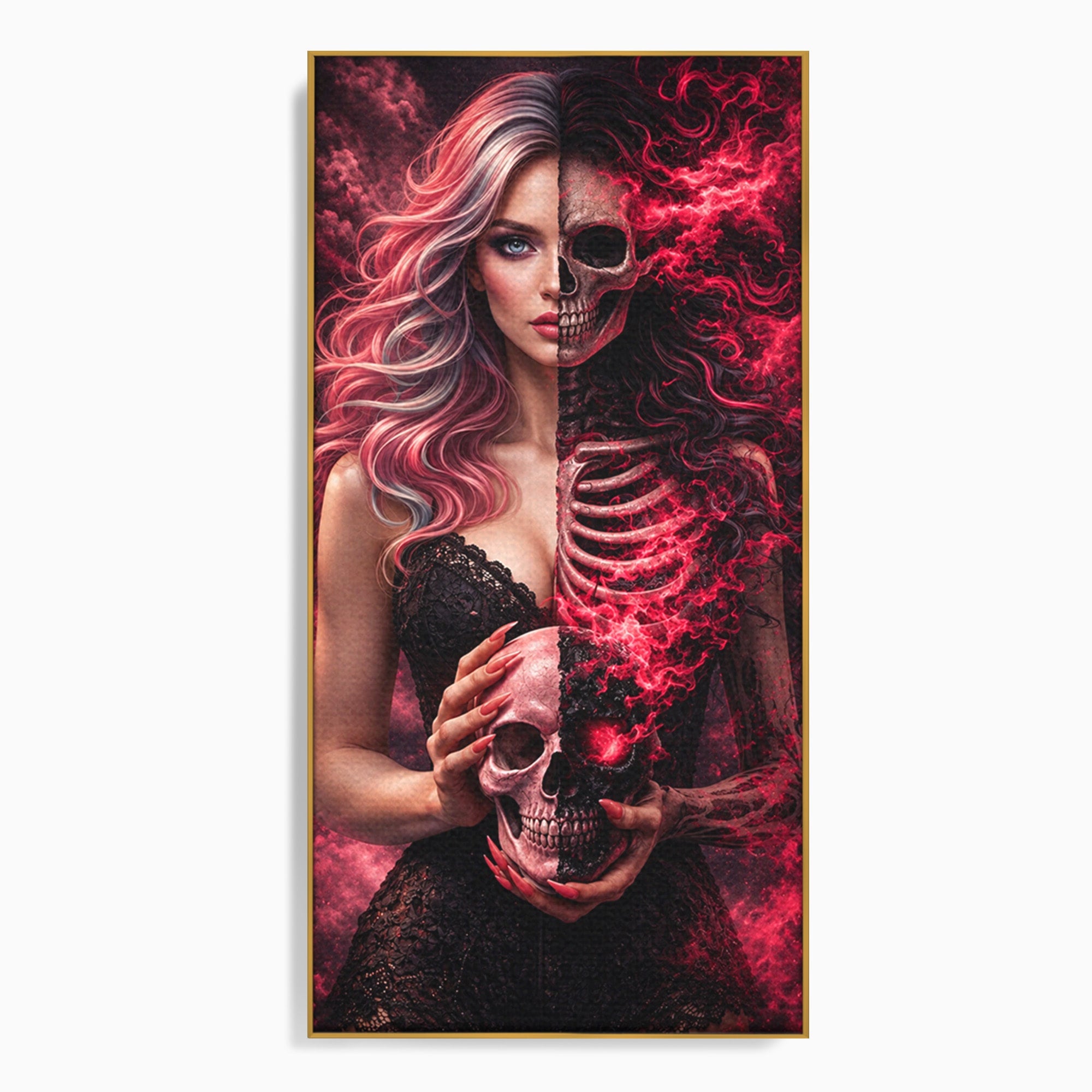 Tablou Canvas Premium LuxCanva® U1054, Dualitatea Vietii Si Mortii, Femeie, Craniu, Foc, Living, Culori Vibrante
