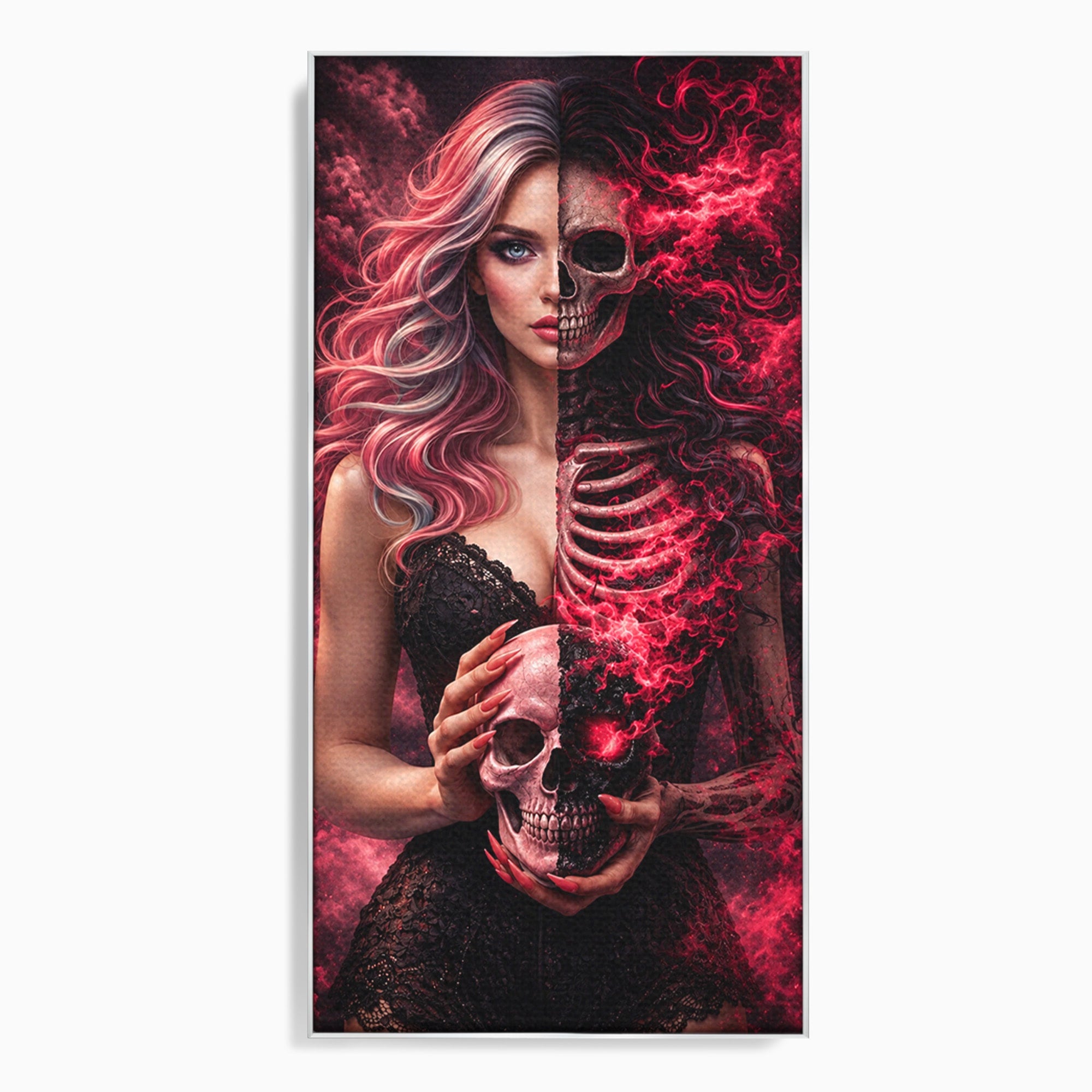 Tablou Canvas Premium LuxCanva® U1054, Dualitatea Vietii Si Mortii, Femeie, Craniu, Foc, Living, Culori Vibrante