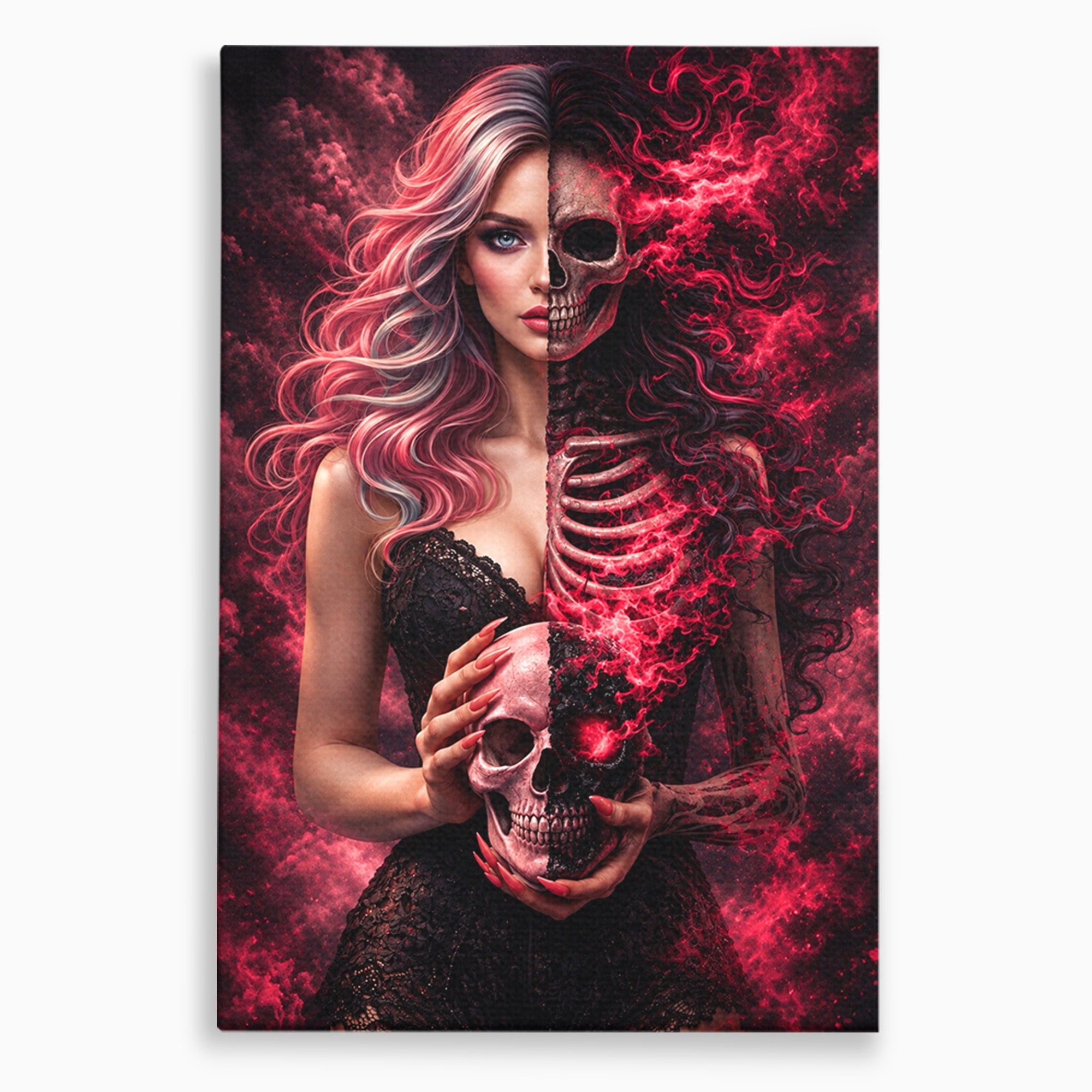 Tablou Canvas Premium LuxCanva® U1054, Dualitatea Vietii Si Mortii, Femeie, Craniu, Foc, Living, Culori Vibrante