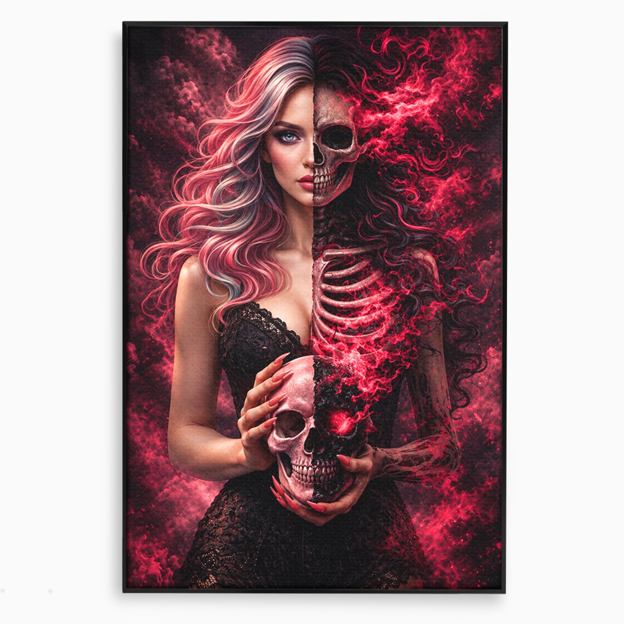 Tablou Canvas Premium LuxCanva® U1054, Dualitatea Vietii Si Mortii, Femeie, Craniu, Foc, Living, Culori Vibrante