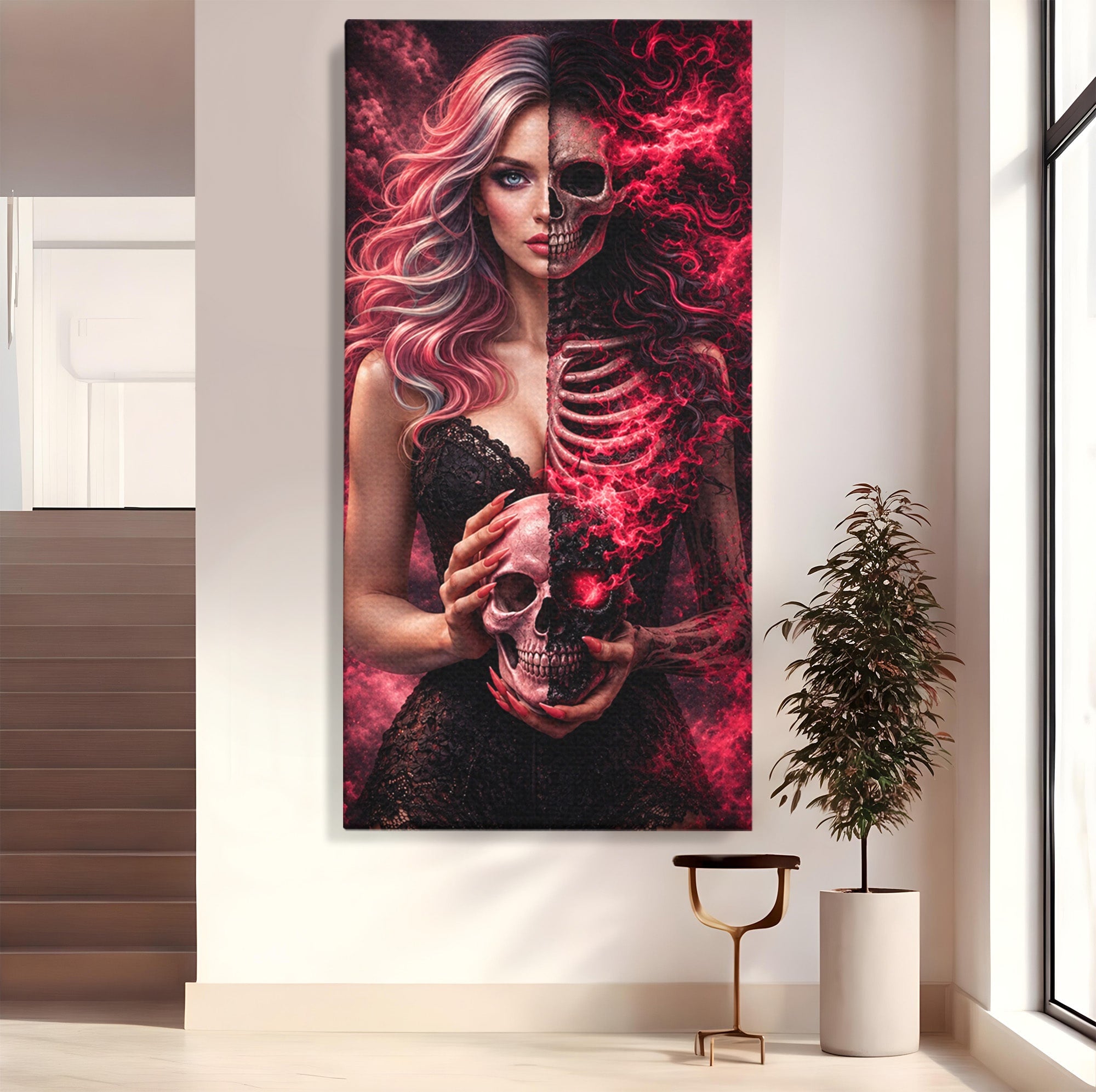 Tablou Canvas Premium LuxCanva® U1054, Dualitatea Vietii Si Mortii, Femeie, Craniu, Foc, Living, Culori Vibrante