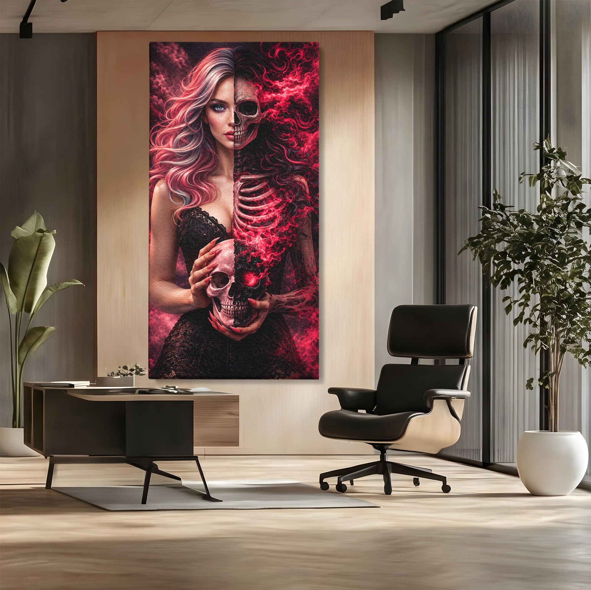 Tablou Canvas Premium LuxCanva® U1054, Dualitatea Vietii Si Mortii, Femeie, Craniu, Foc, Living, Culori Vibrante
